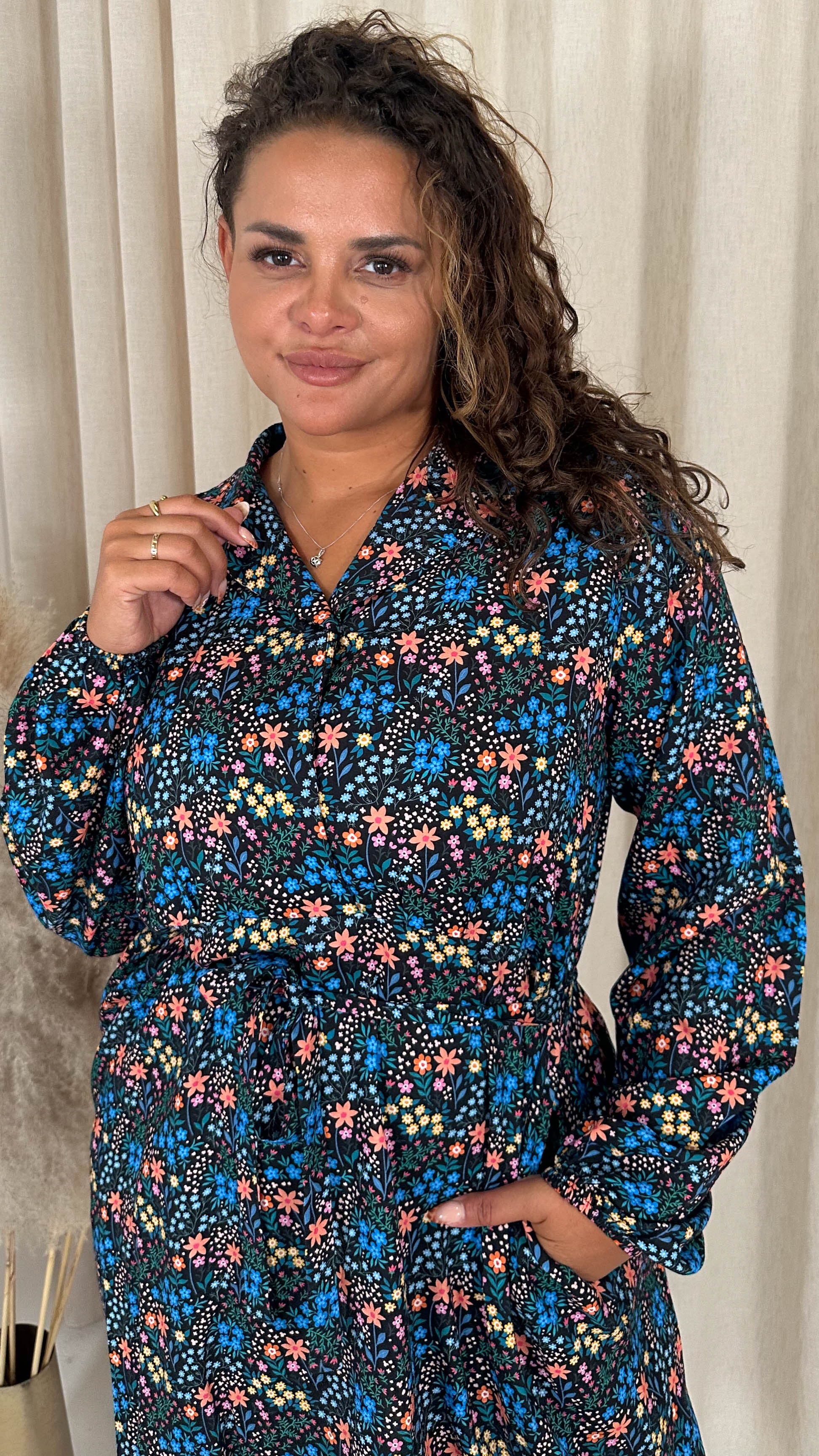 CurveWow Tie Waist Shirt Mini Dress Multi Floral - Image 2