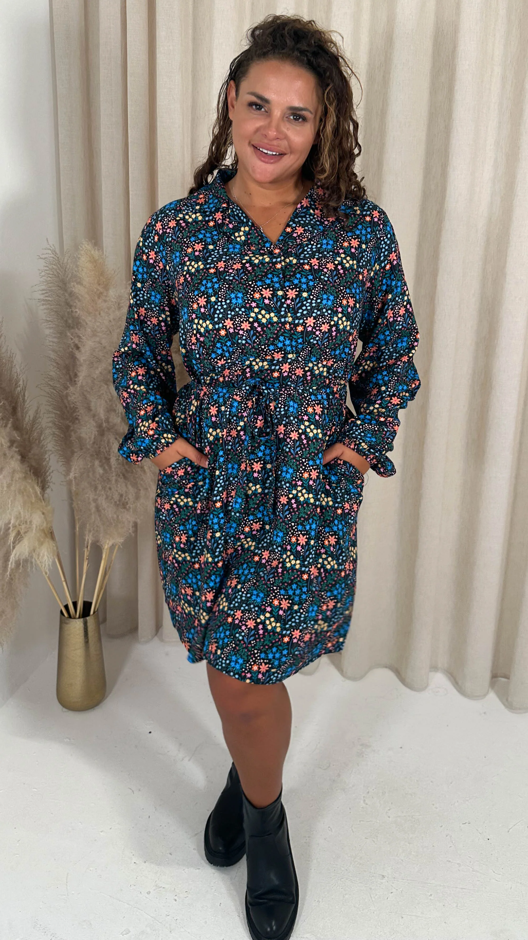 CurveWow Tie Waist Shirt Mini Dress Multi Floral - Image 5