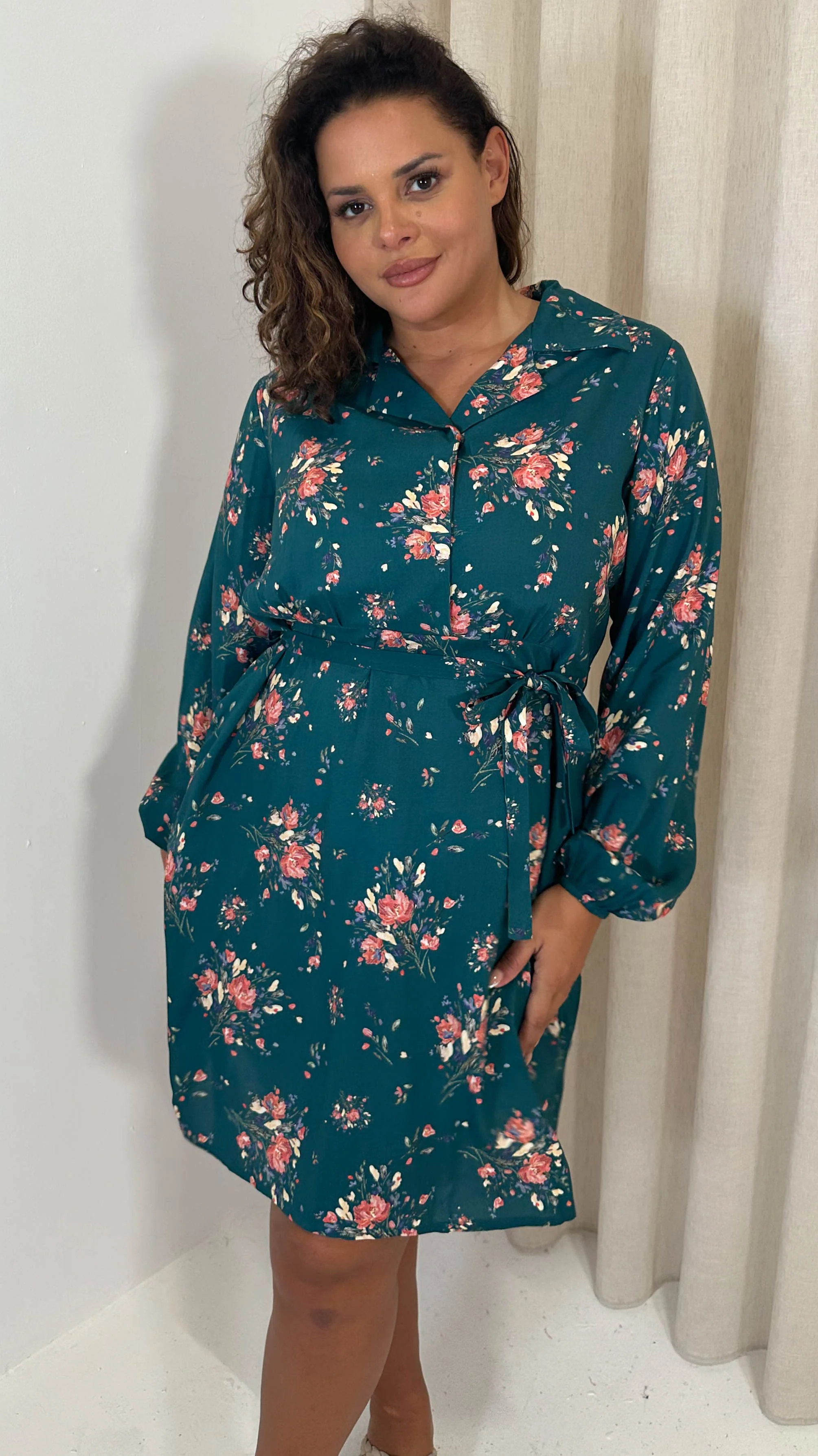 CurveWow Tie Waist Shirt Mini Dress Teal Floral - Image 2