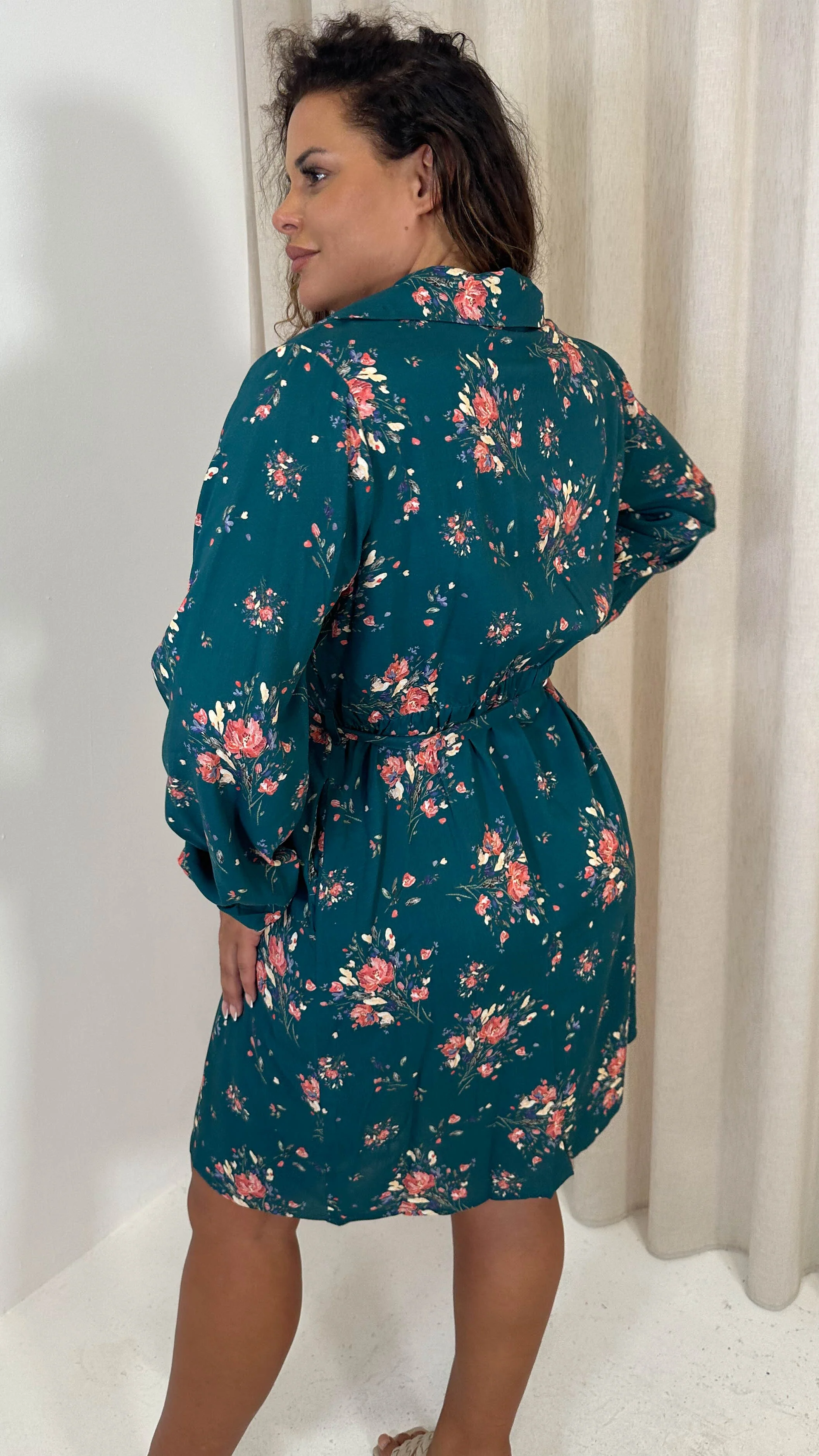 CurveWow Tie Waist Shirt Mini Dress Teal Floral - Image 9