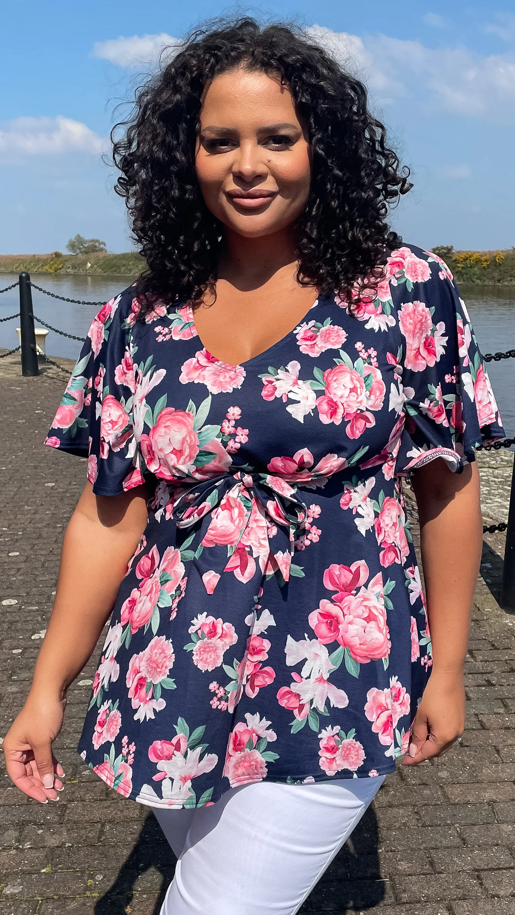 CurveWow Tie Waist Top Navy Pink Floral - Image 2