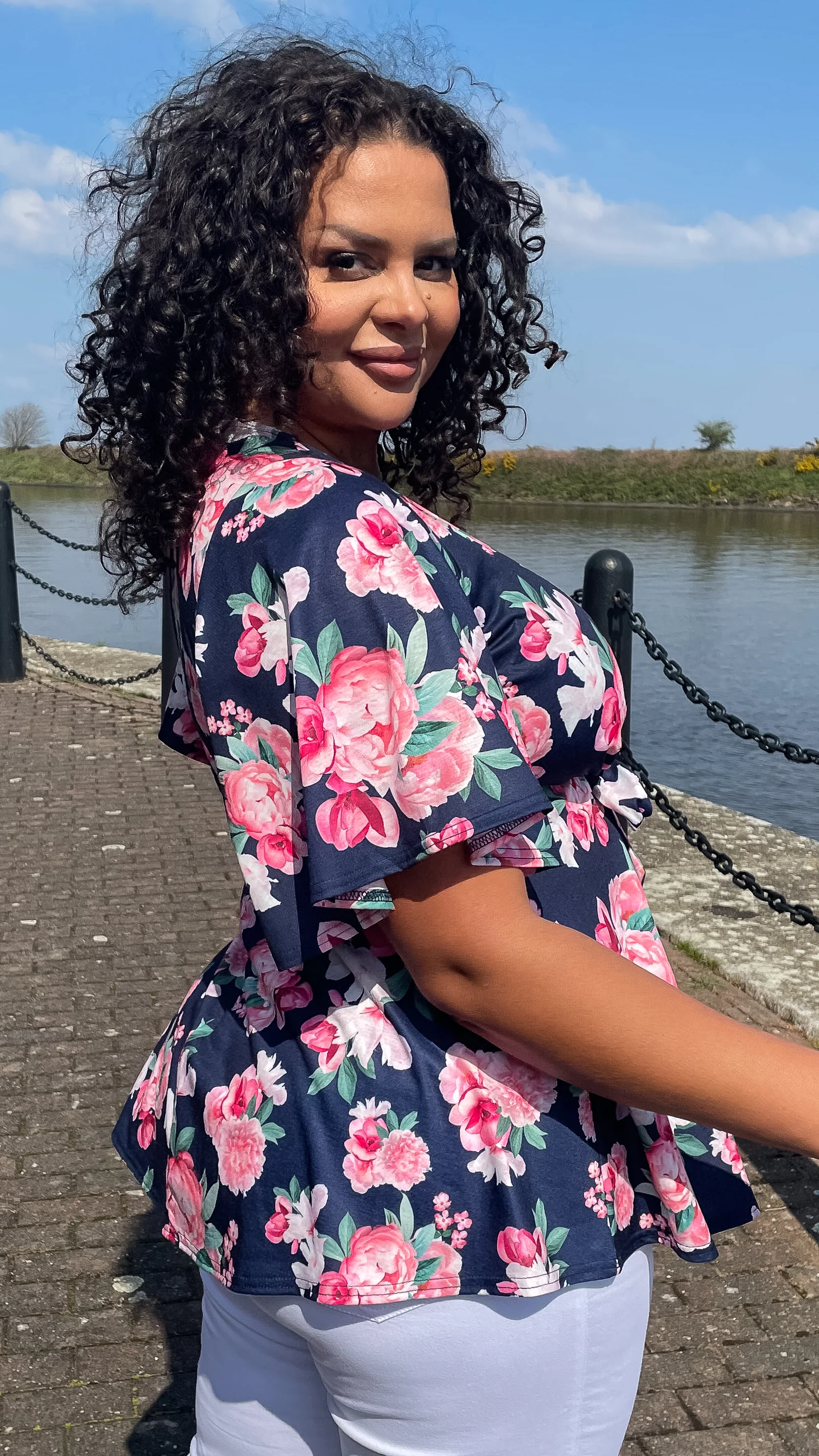 CurveWow Tie Waist Top Navy Pink Floral - Image 5