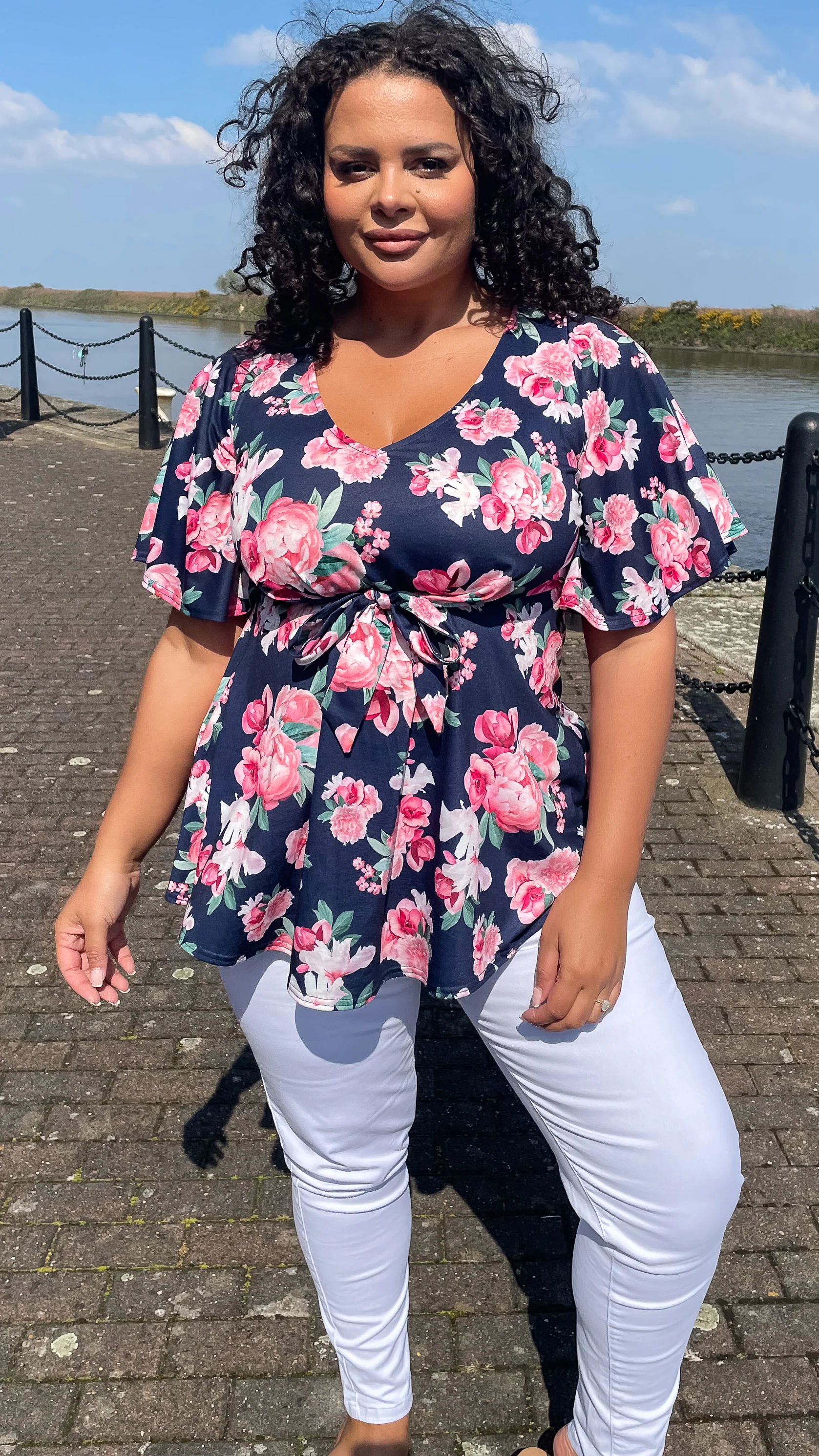 CurveWow Tie Waist Top Navy Pink Floral - Image 6