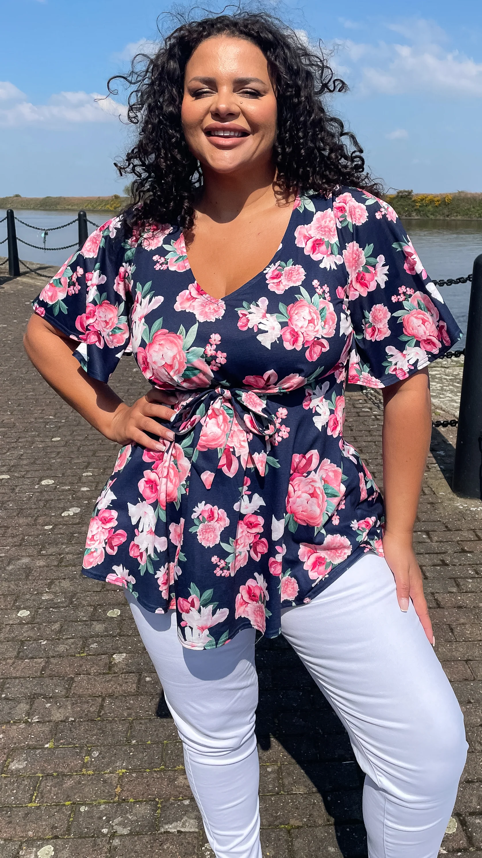CurveWow Tie Waist Top Navy Pink Floral - Image 7