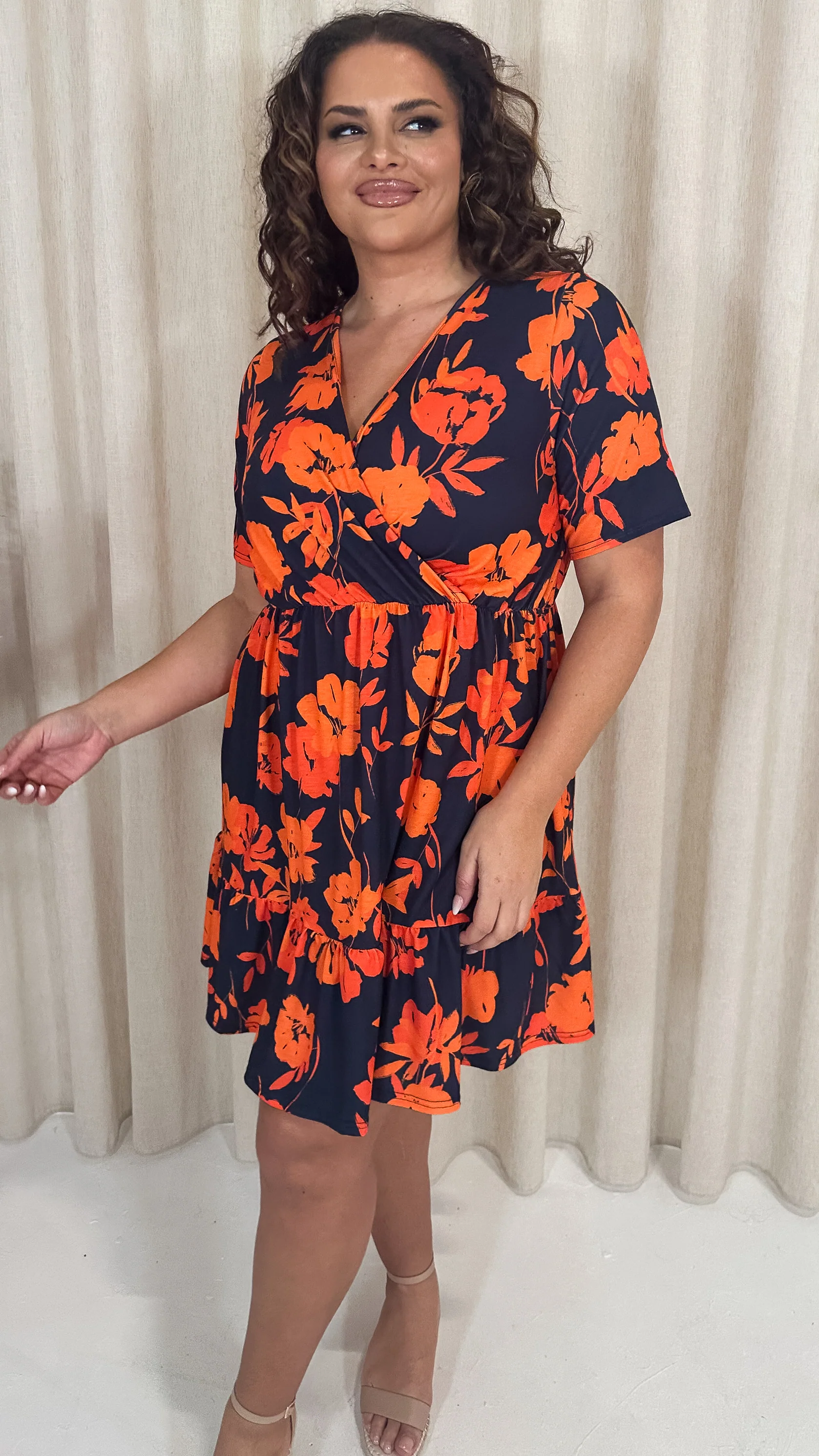 CurveWow Tiered Hem Wrap Dress Navy Orange Floral - Image 3