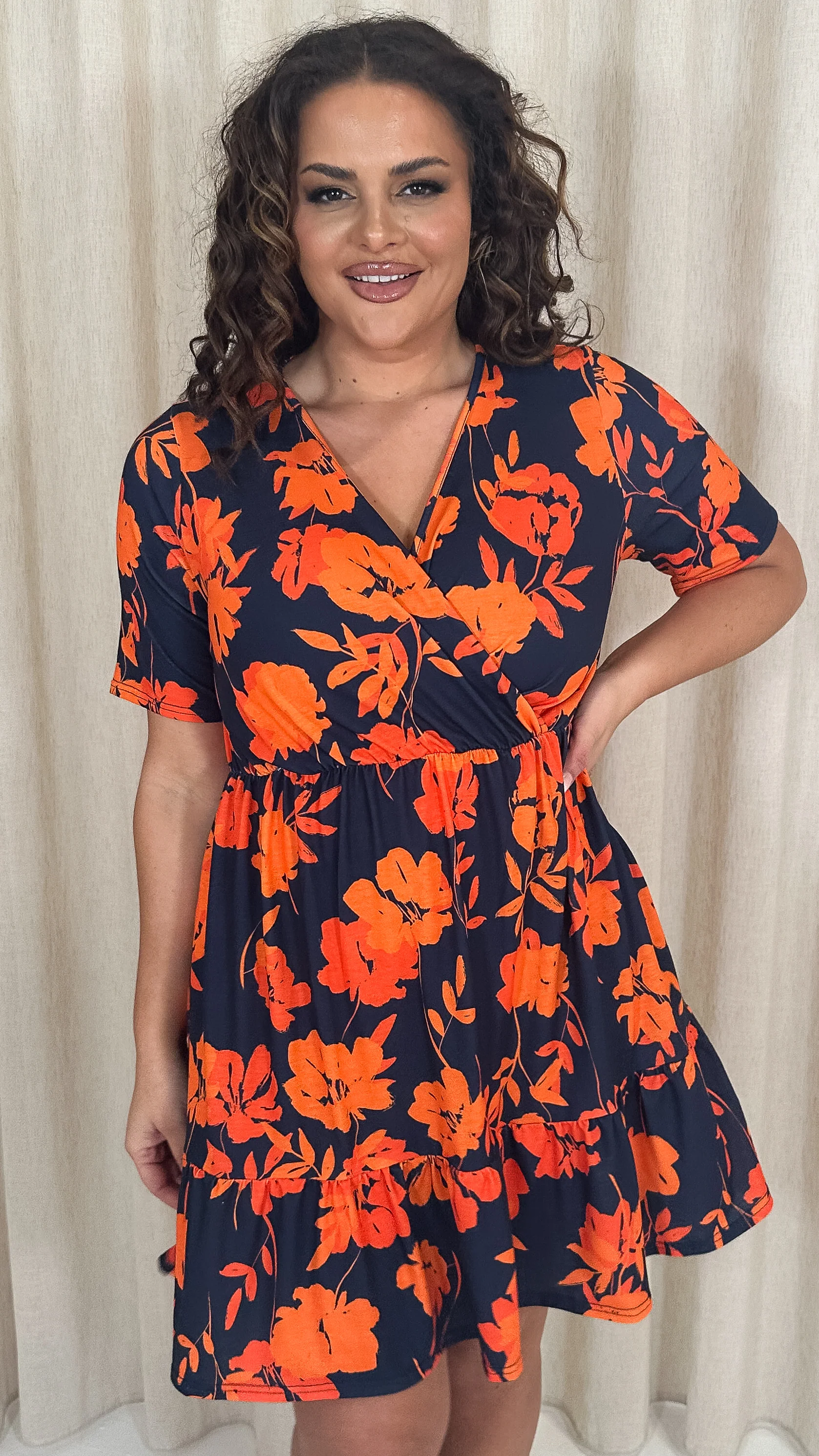 CurveWow Tiered Hem Wrap Dress Navy Orange Floral - Image 5