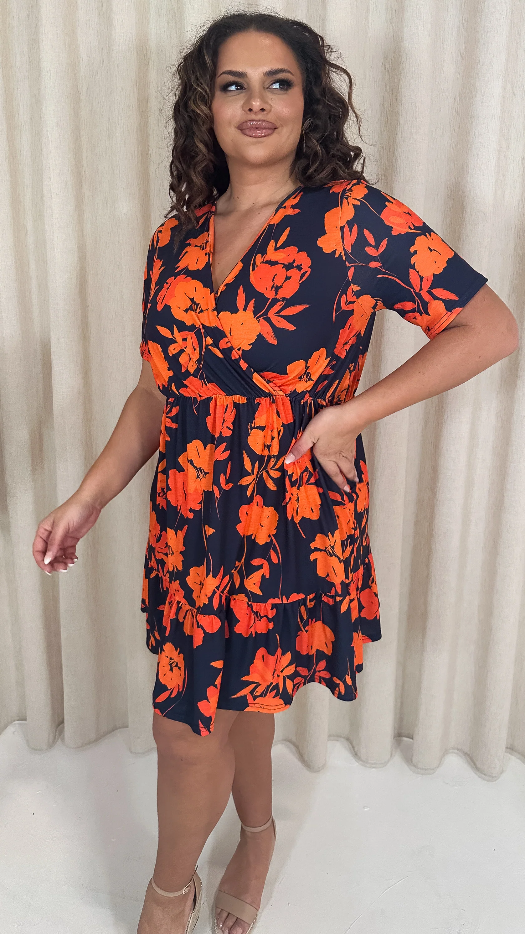 CurveWow Tiered Hem Wrap Dress Navy Orange Floral - Image 6