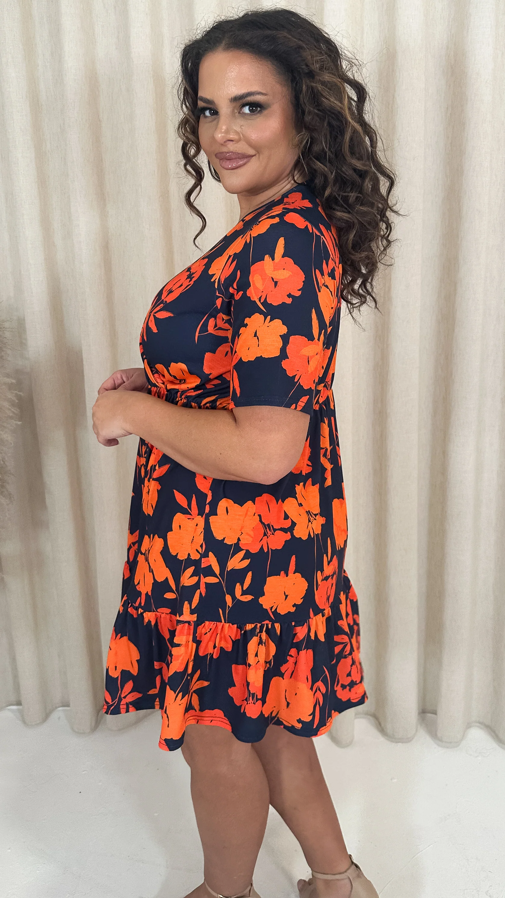 CurveWow Tiered Hem Wrap Dress Navy Orange Floral - Image 7