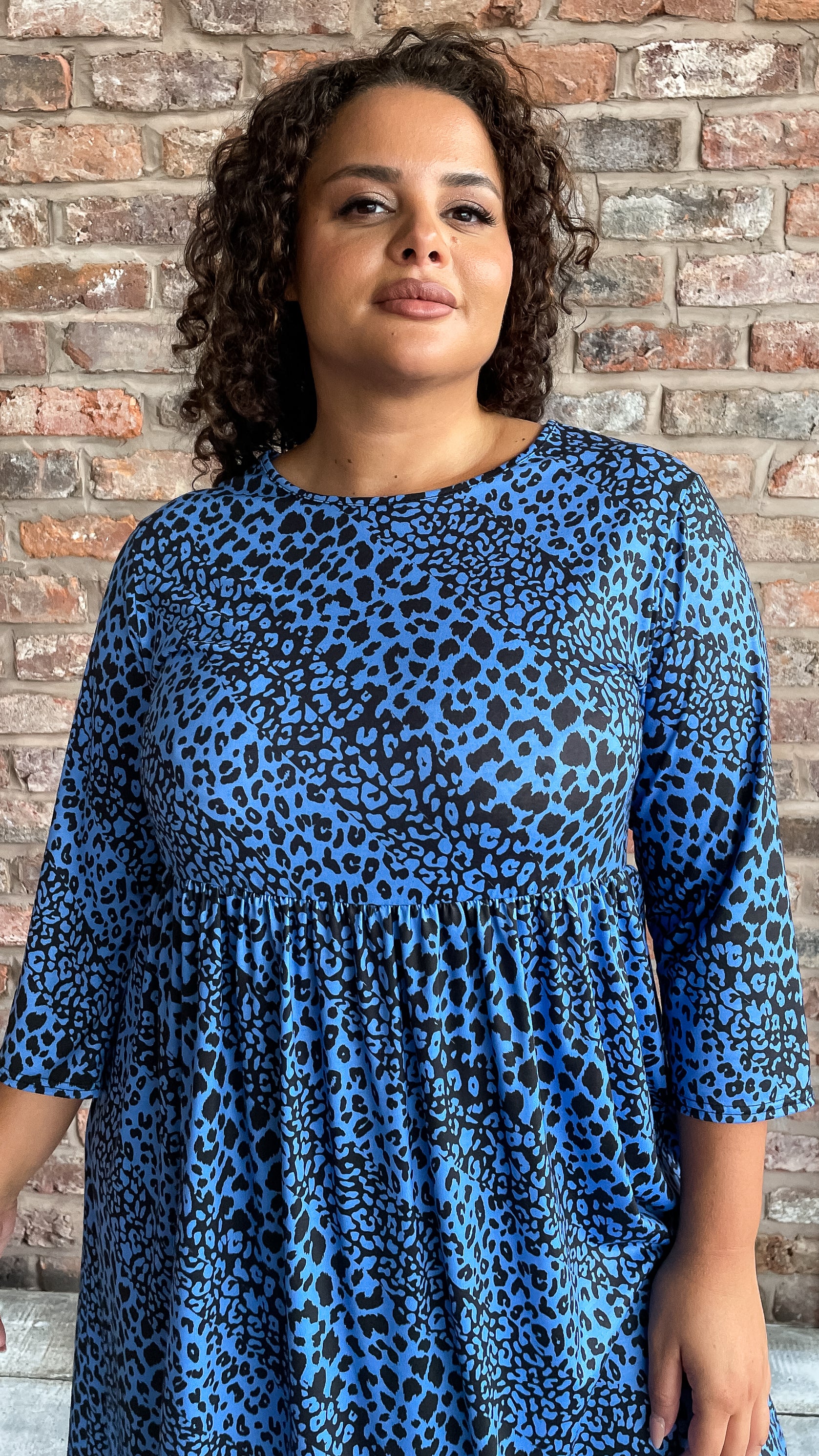 CurveWow Tiered Smock Dress Blue Animal - Image 5