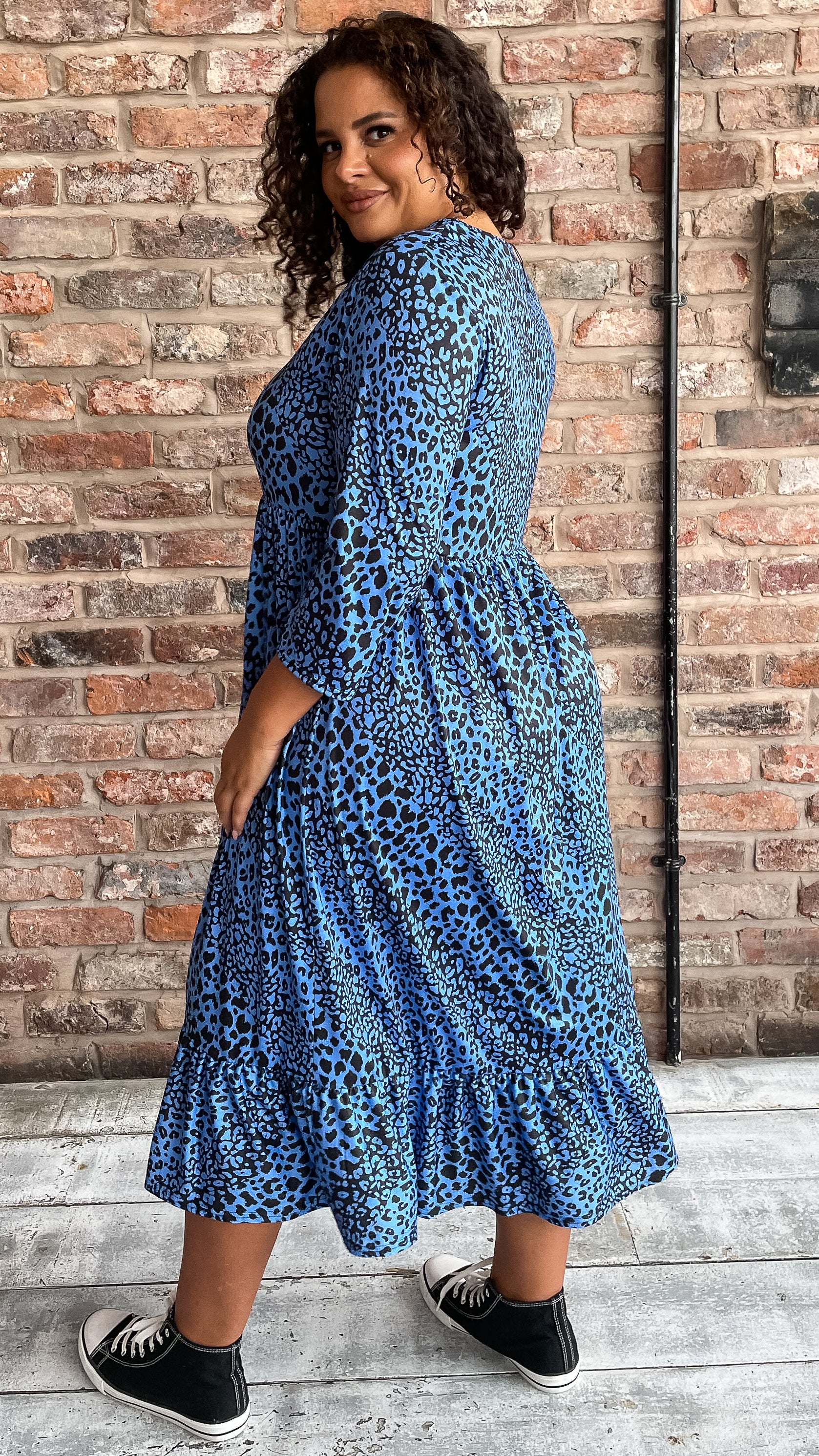 CurveWow Tiered Smock Dress Blue Animal - Image 8