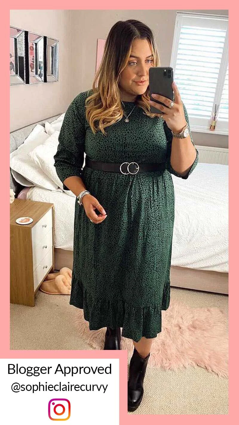 CurveWow Tiered Smock Dress Green Animal Print