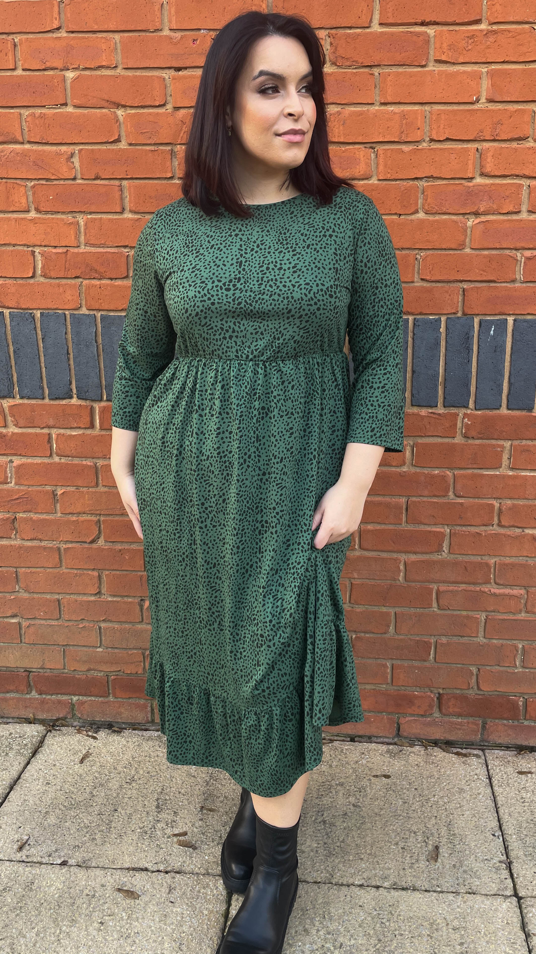 CurveWow Tiered Smock Dress Green Animal Print - Image 2