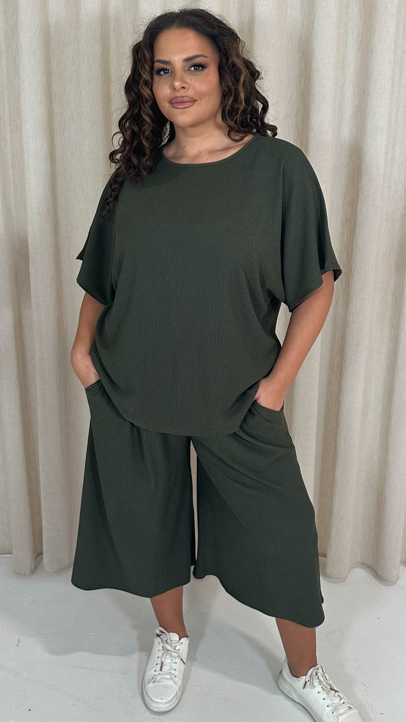 CurveWow Tree Bark Drop Shoulder Boxy Tee Top Khaki - Image 3