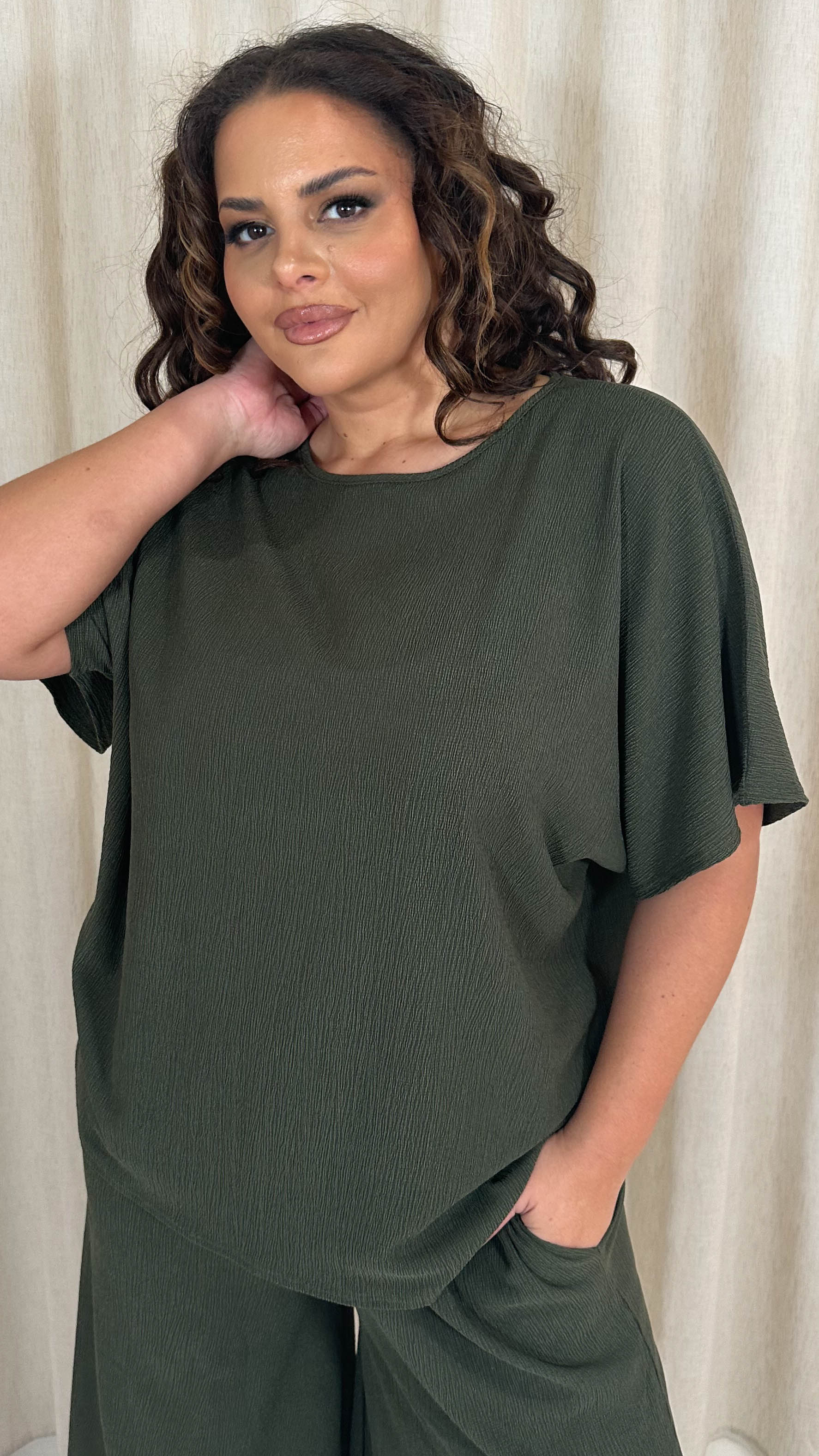 CurveWow Tree Bark Drop Shoulder Boxy Tee Top Khaki - Image 4