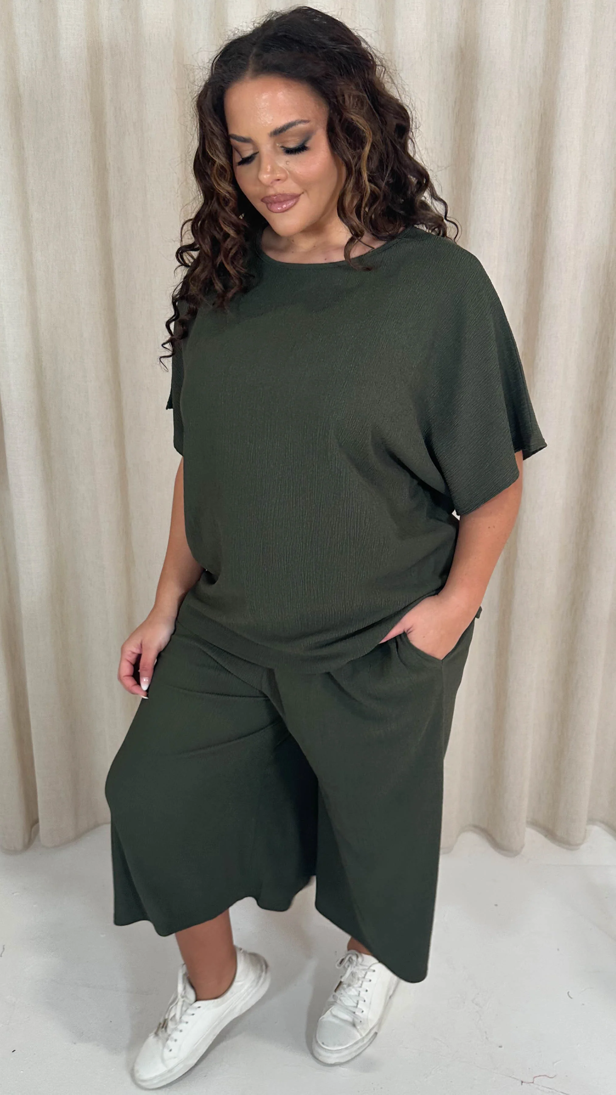 CurveWow Tree Bark Drop Shoulder Boxy Tee Top Khaki - Image 5