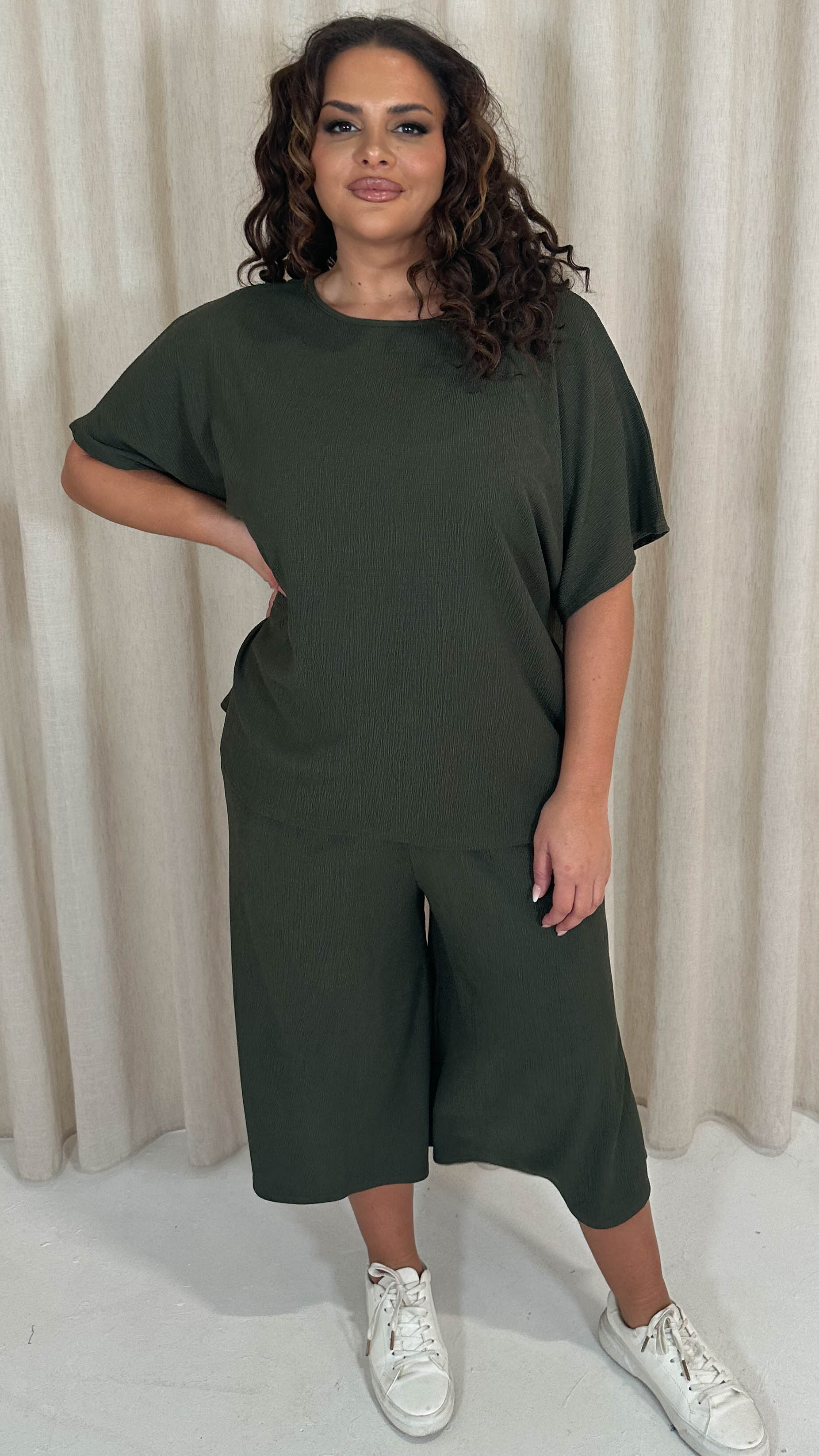 CurveWow Tree Bark Drop Shoulder Boxy Tee Top Khaki - Image 6