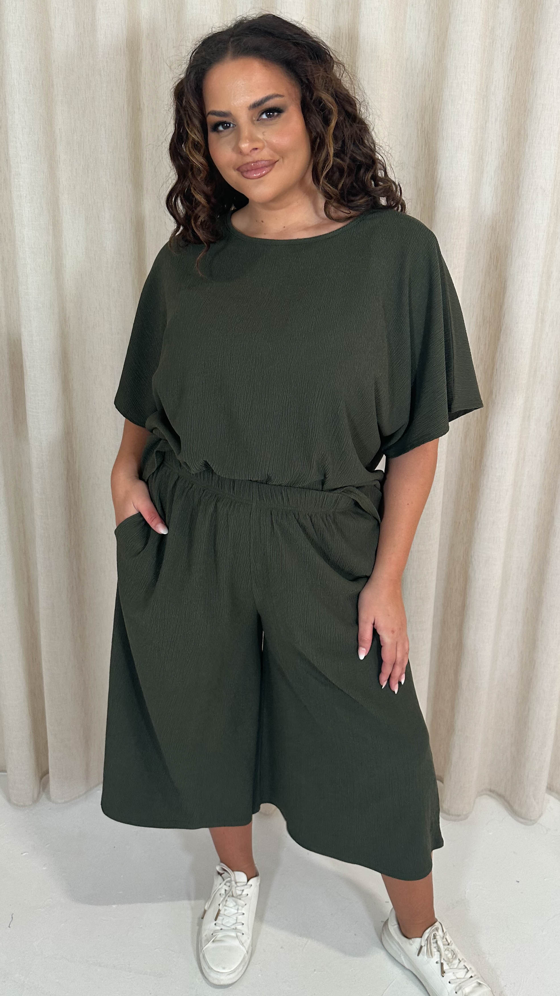CurveWow Tree Bark Drop Shoulder Boxy Tee Top Khaki - Image 7