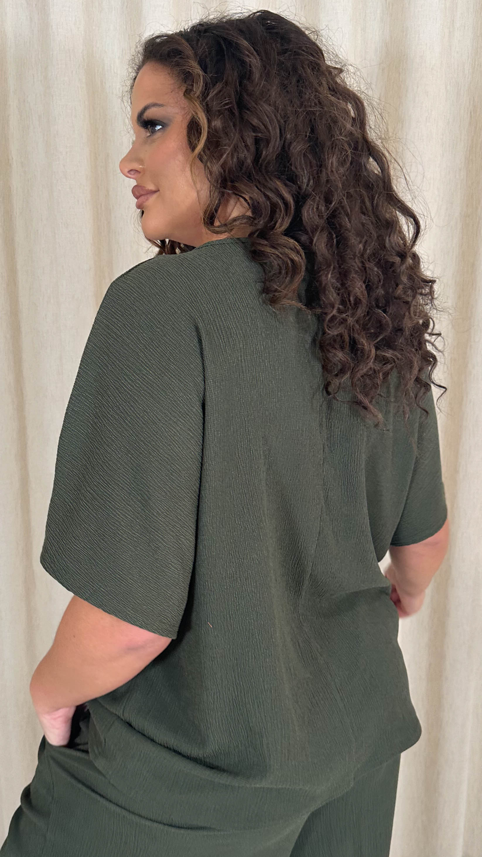 CurveWow Tree Bark Drop Shoulder Boxy Tee Top Khaki - Image 8