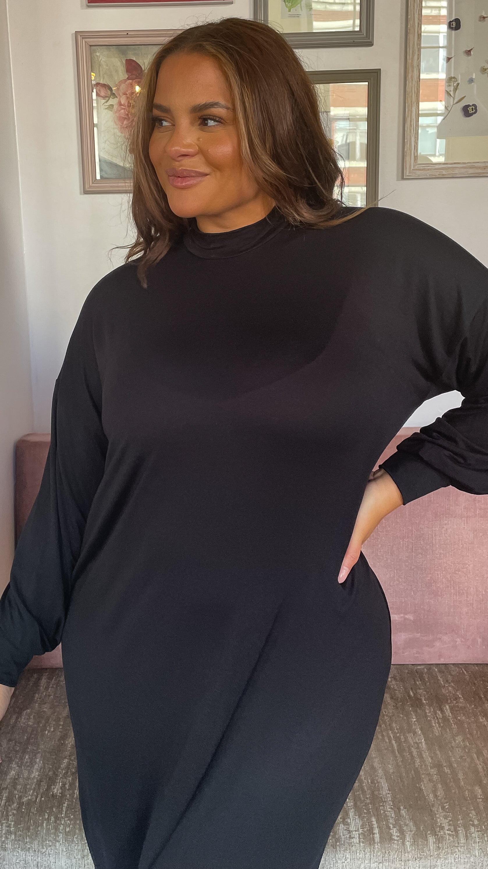 CurveWow Turtle Neck Balloon Sleeve Midi Dress Black - Image 3