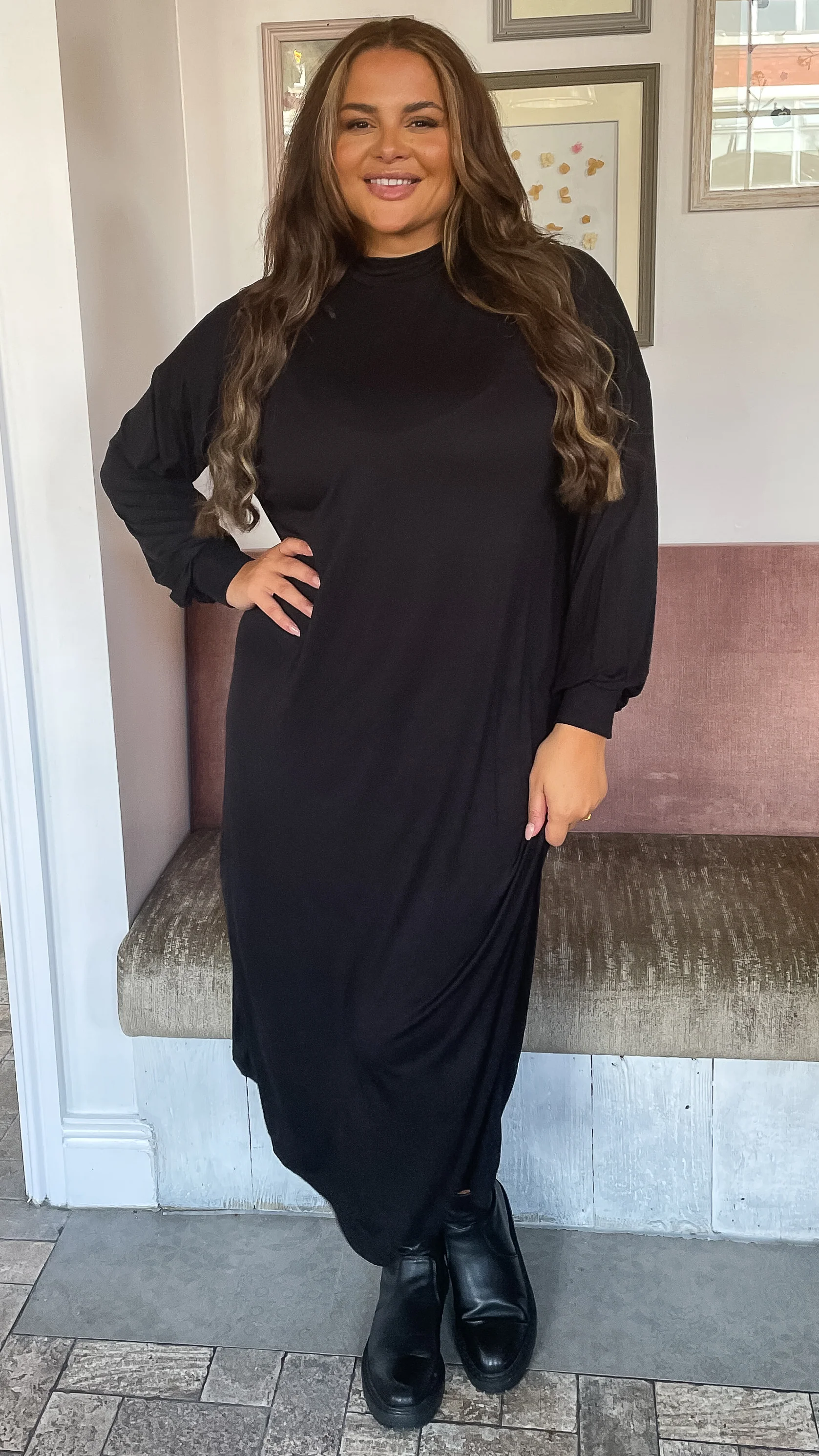 CurveWow Turtle Neck Balloon Sleeve Midi Dress Black - Image 4