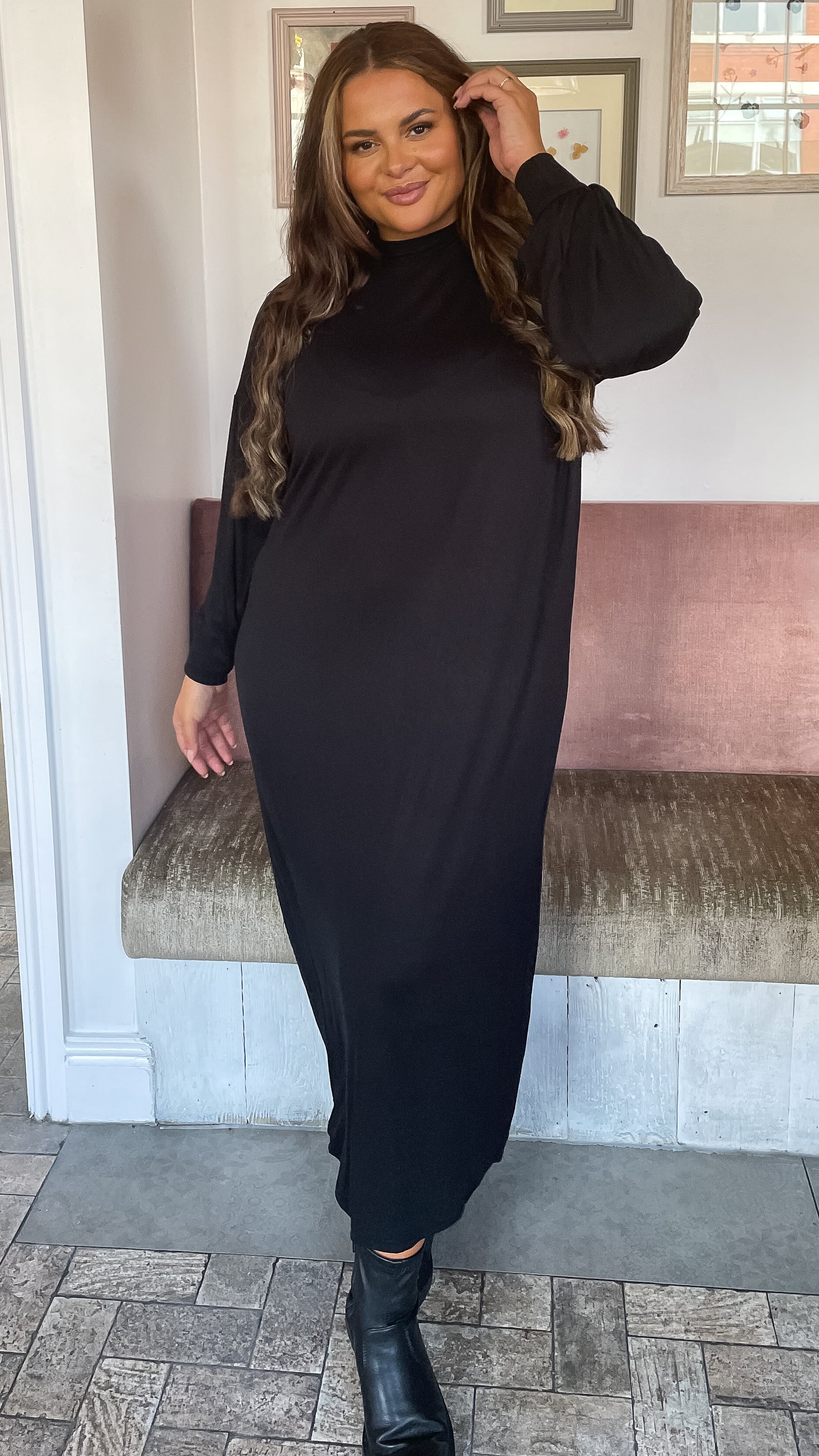 CurveWow Turtle Neck Balloon Sleeve Midi Dress Black - Image 5
