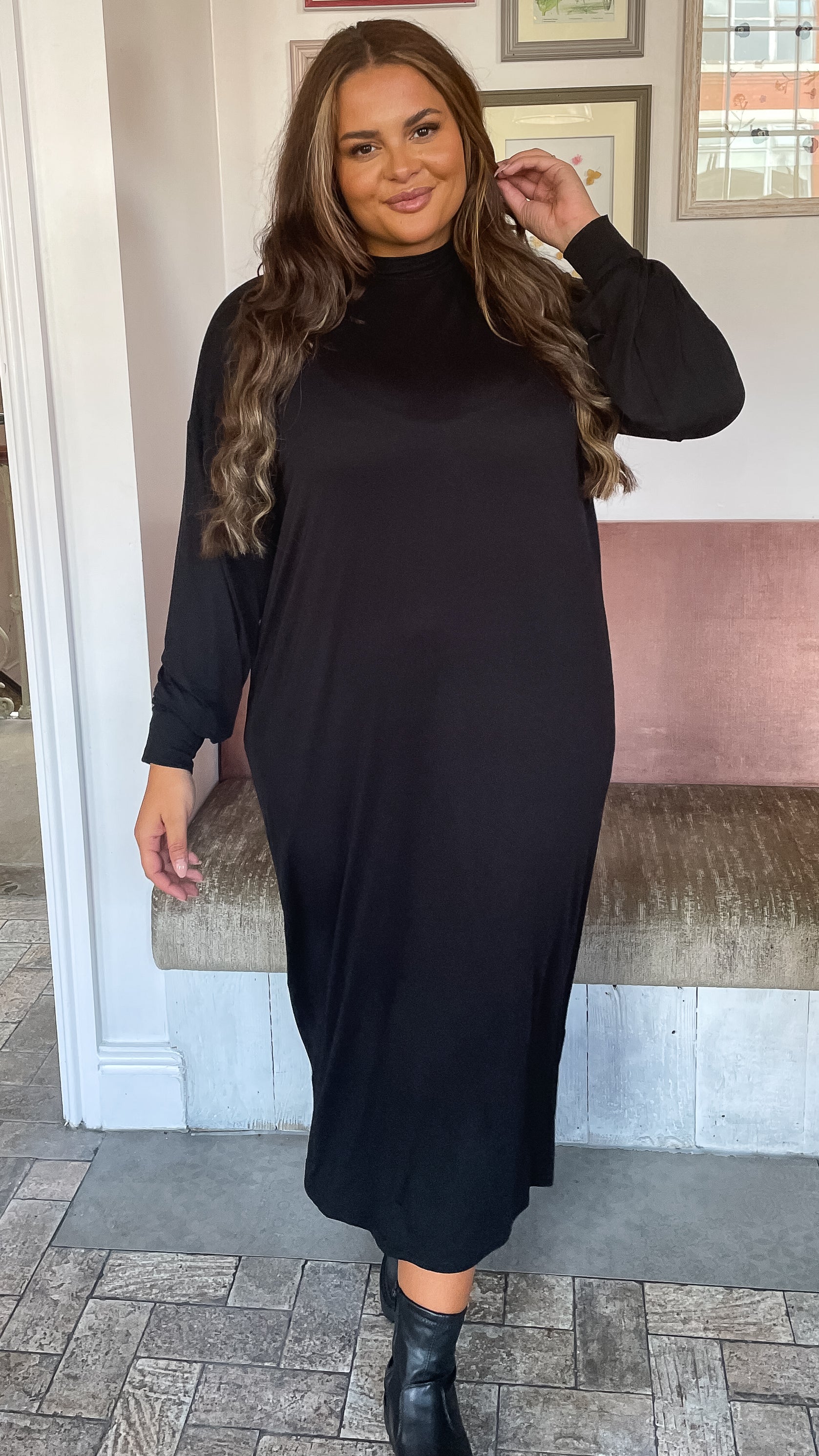 CurveWow Turtle Neck Balloon Sleeve Midi Dress Black - Image 6