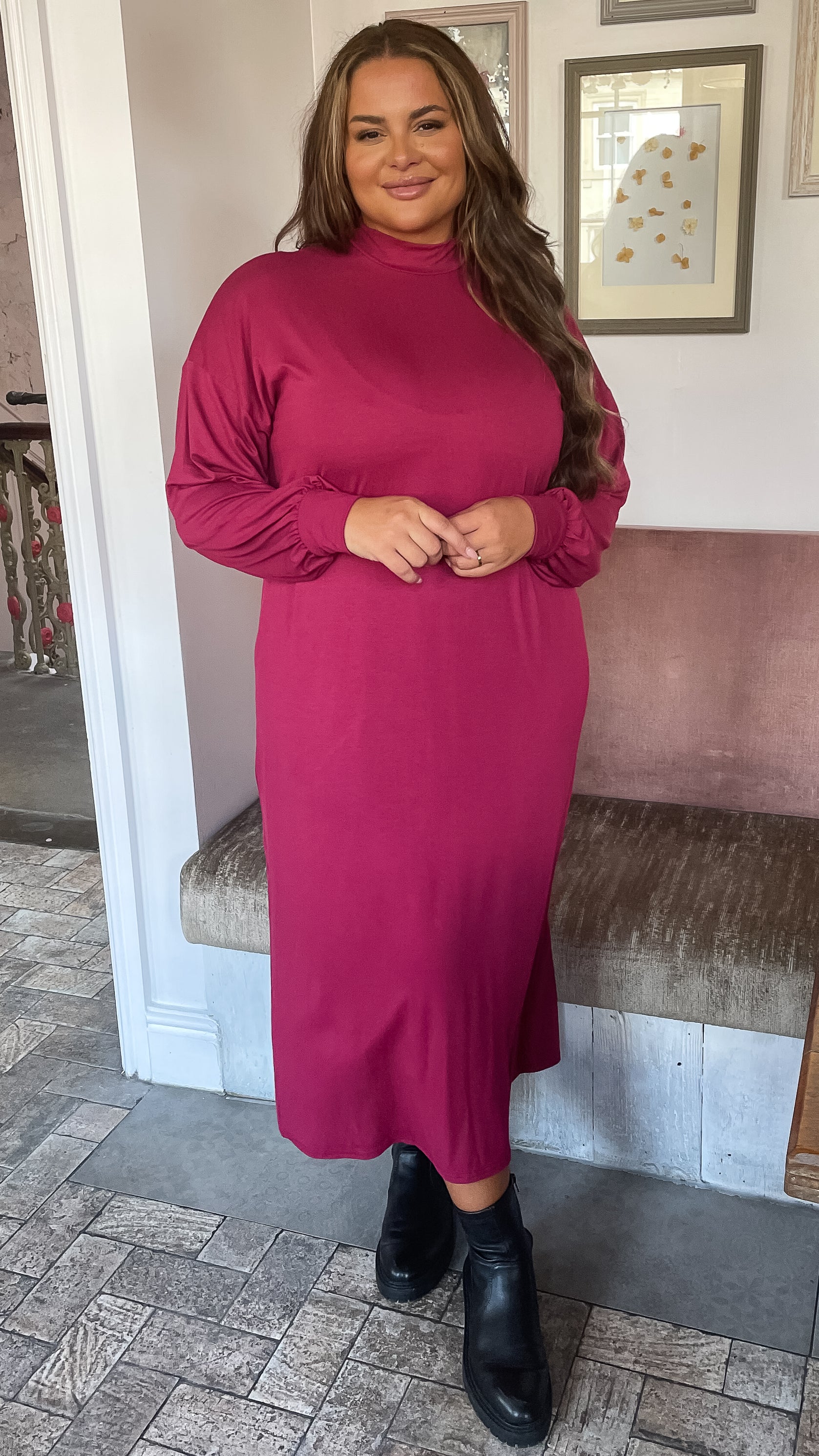CurveWow Turtle Neck Balloon Sleeve Midi Dress Wine - Image 2