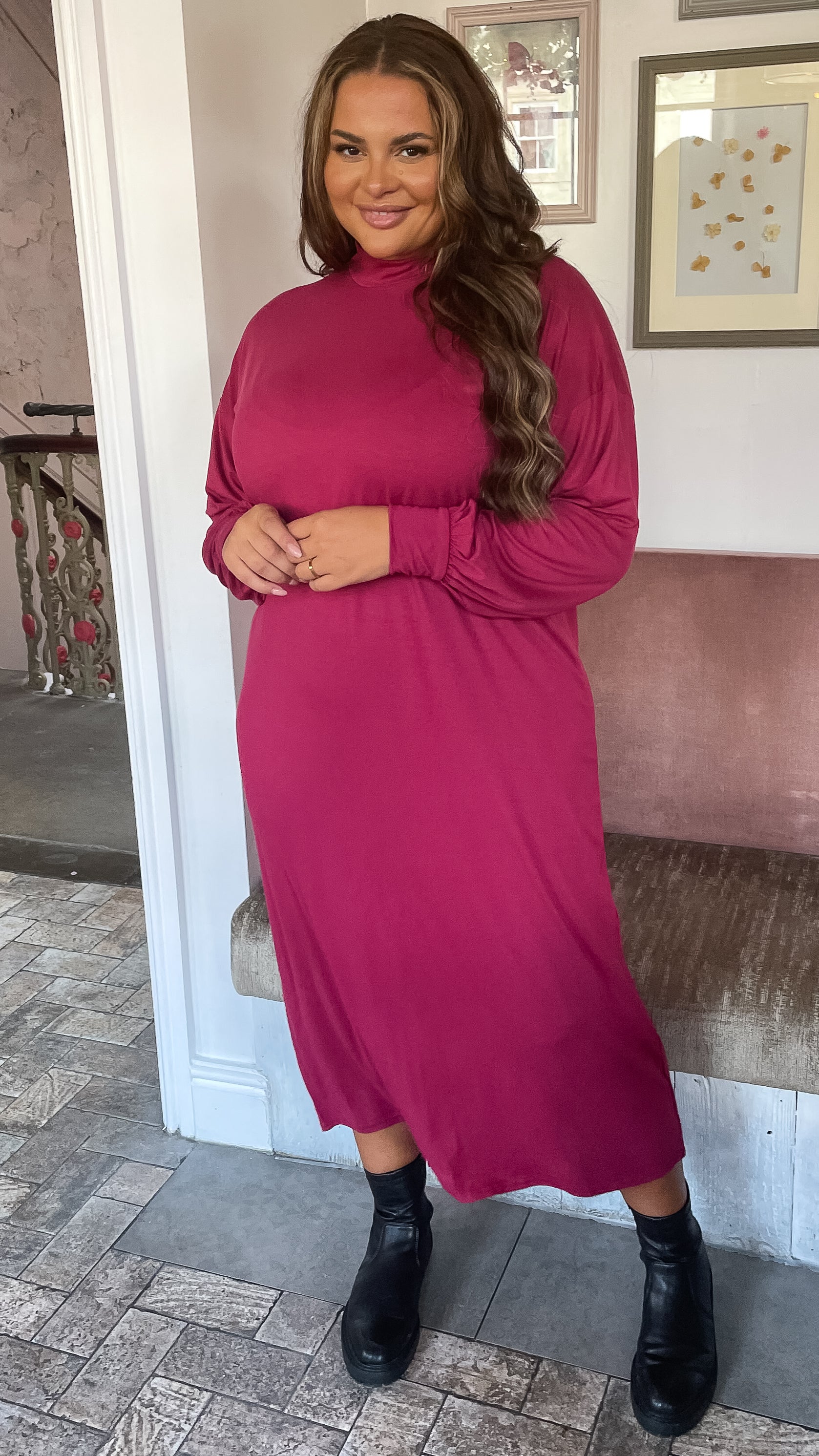 CurveWow Turtle Neck Balloon Sleeve Midi Dress Wine - Image 3