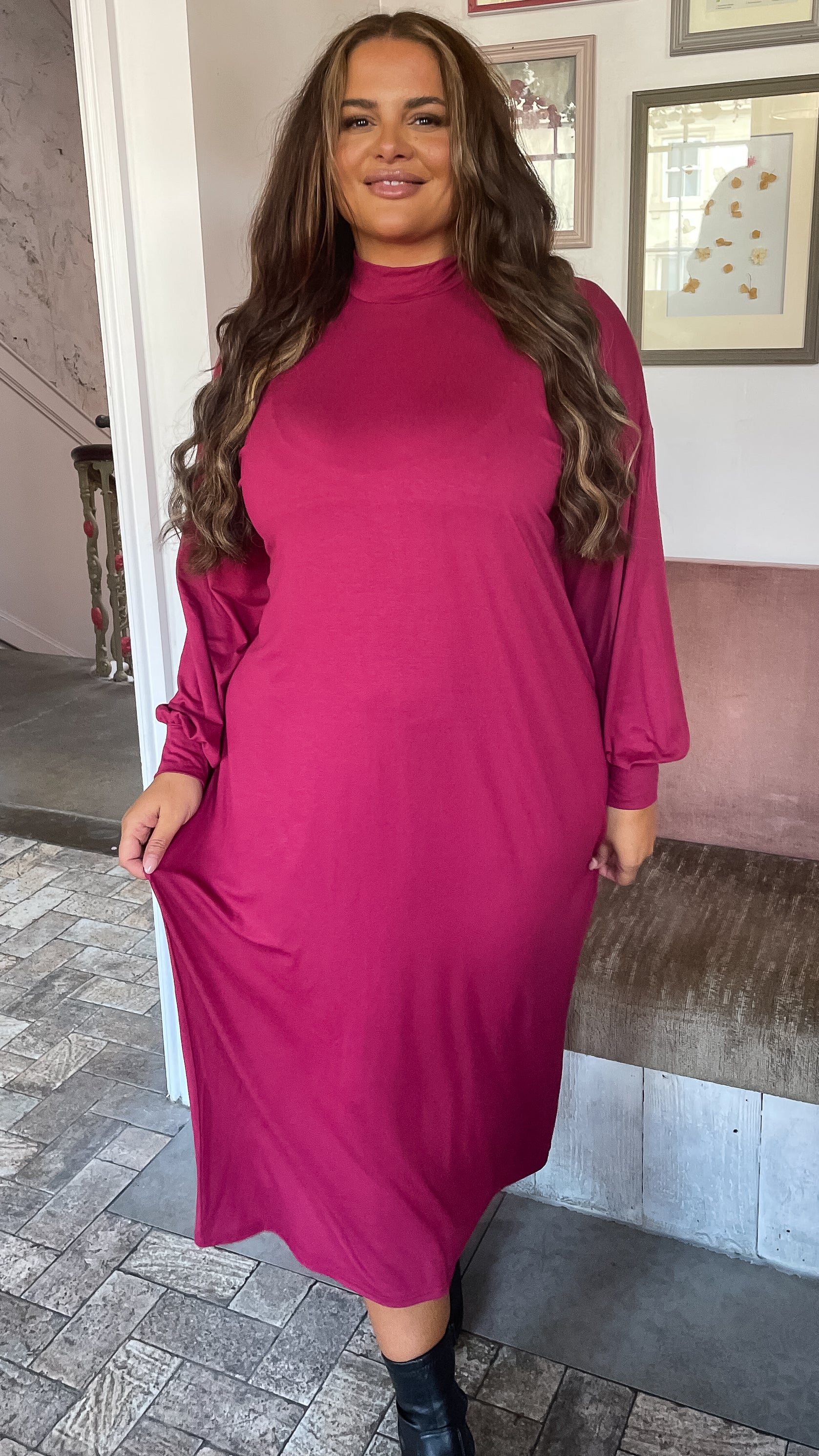 CurveWow Turtle Neck Balloon Sleeve Midi Dress Wine - Image 4
