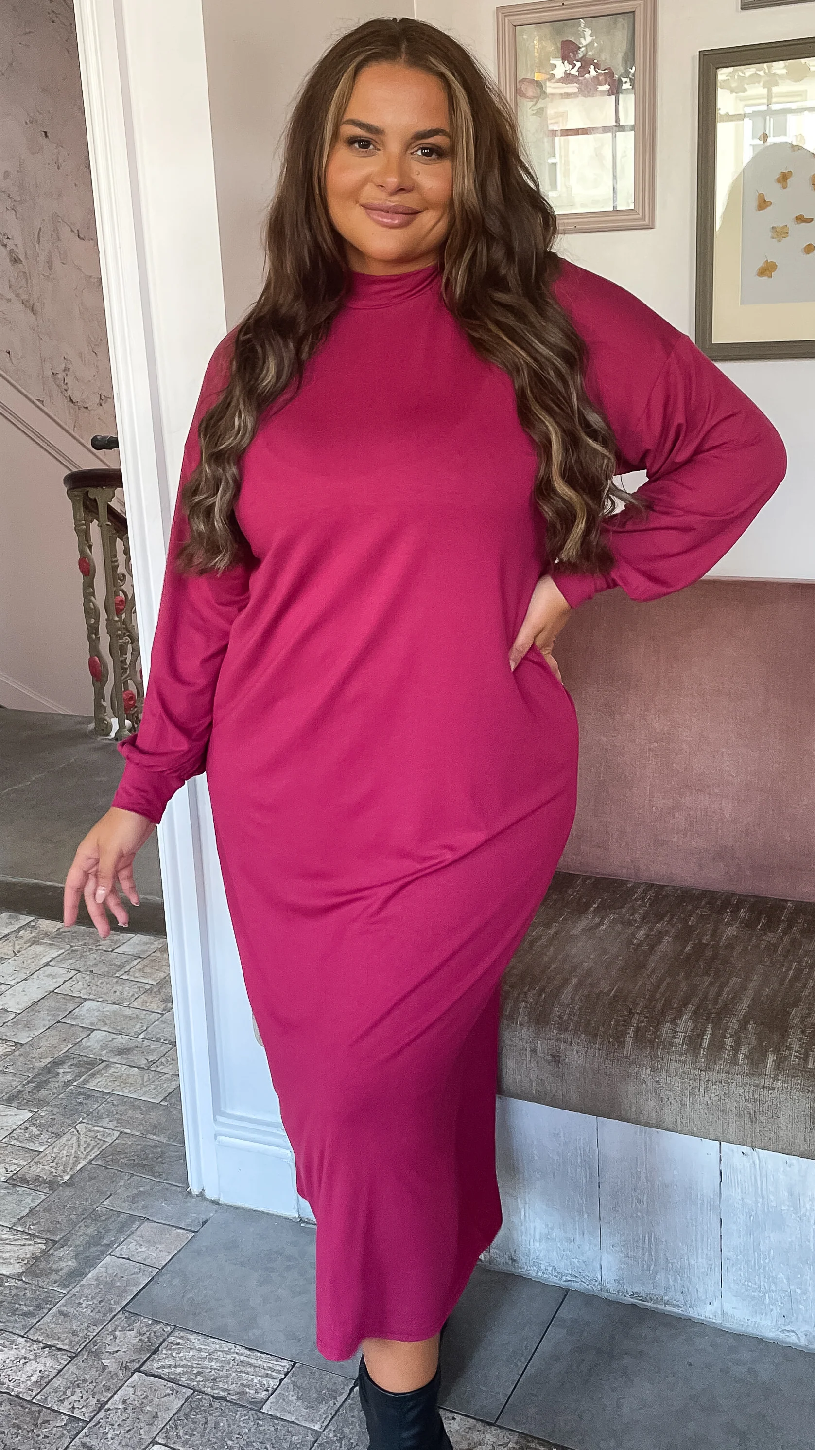 CurveWow Turtle Neck Balloon Sleeve Midi Dress Wine - Image 5