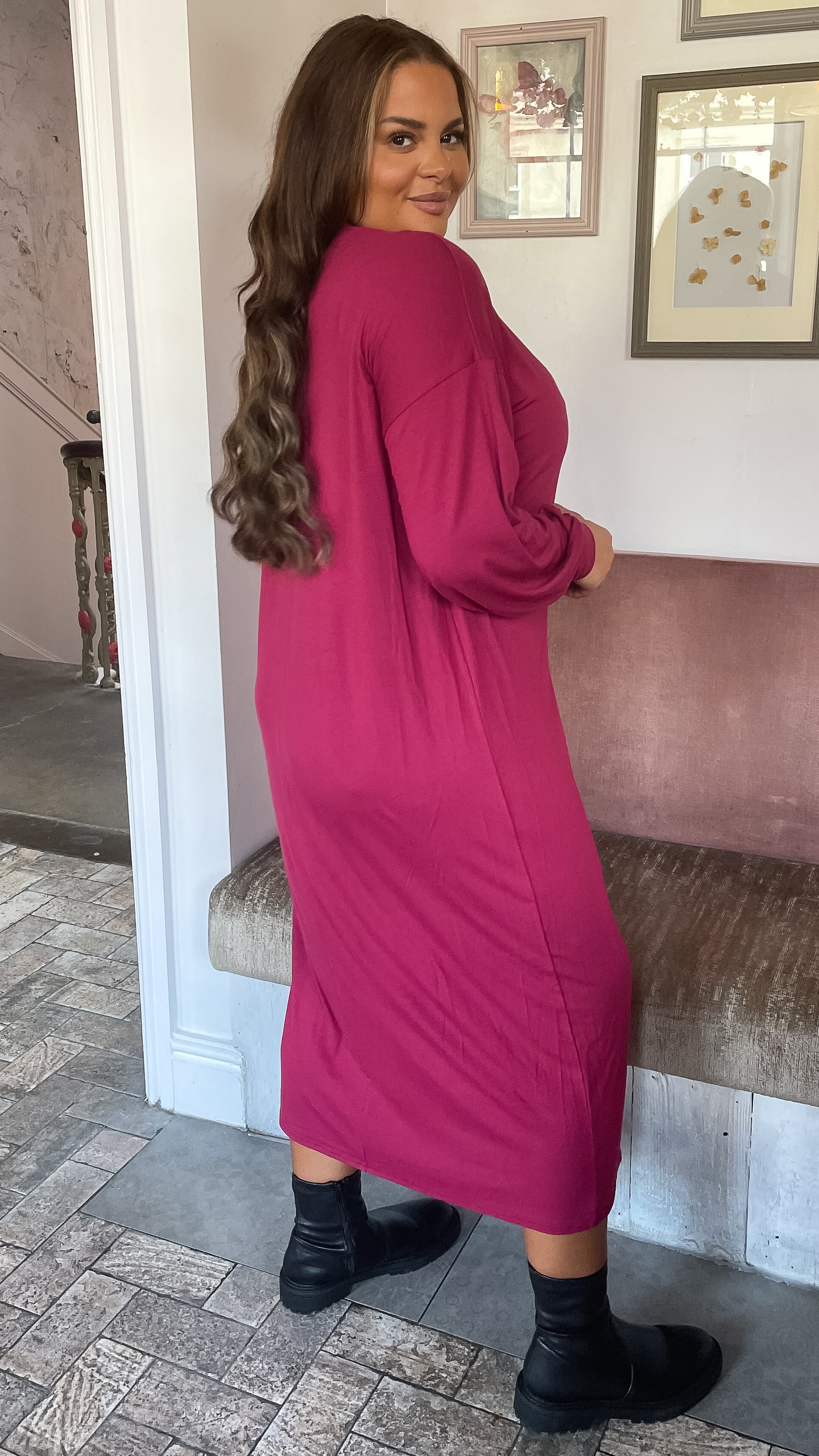 CurveWow Turtle Neck Balloon Sleeve Midi Dress Wine - Image 6