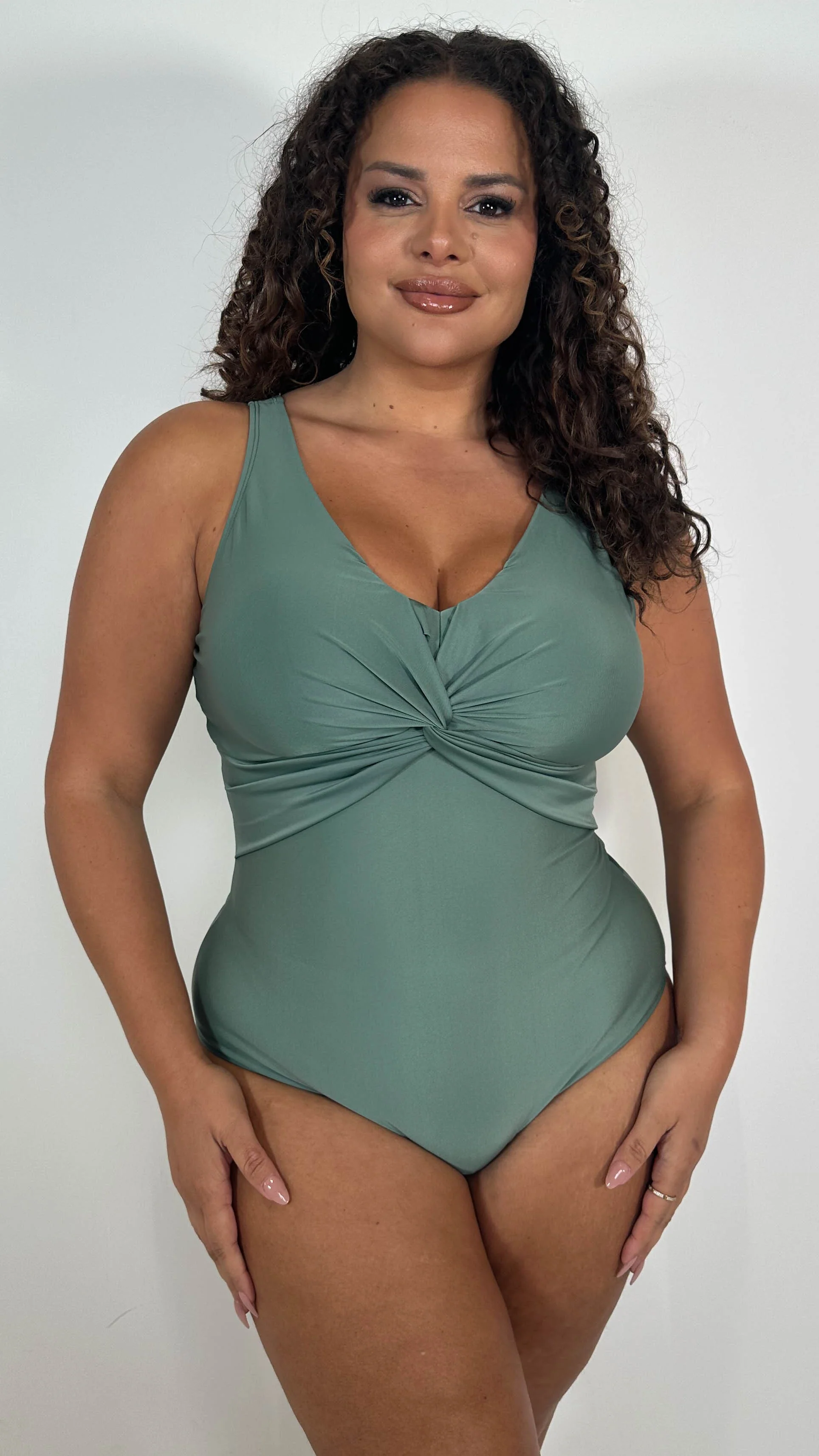 CurveWow Twist Front Textured Swimsuit Khaki - Image 3