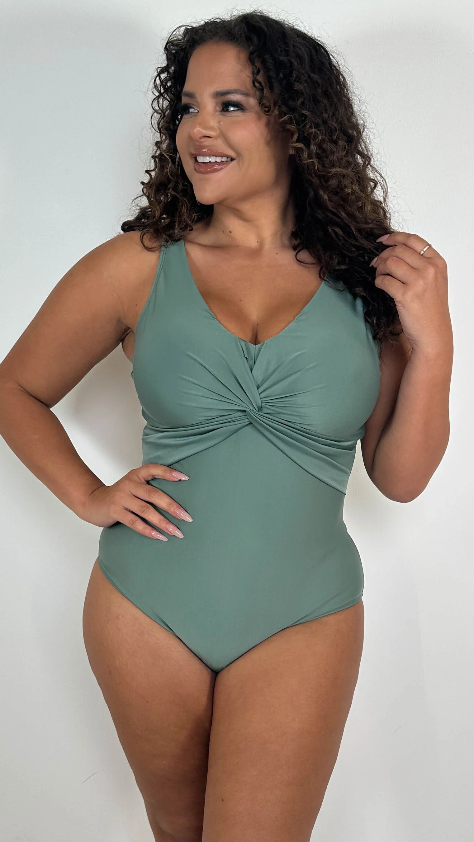 CurveWow Twist Front Textured Swimsuit Khaki - Image 4