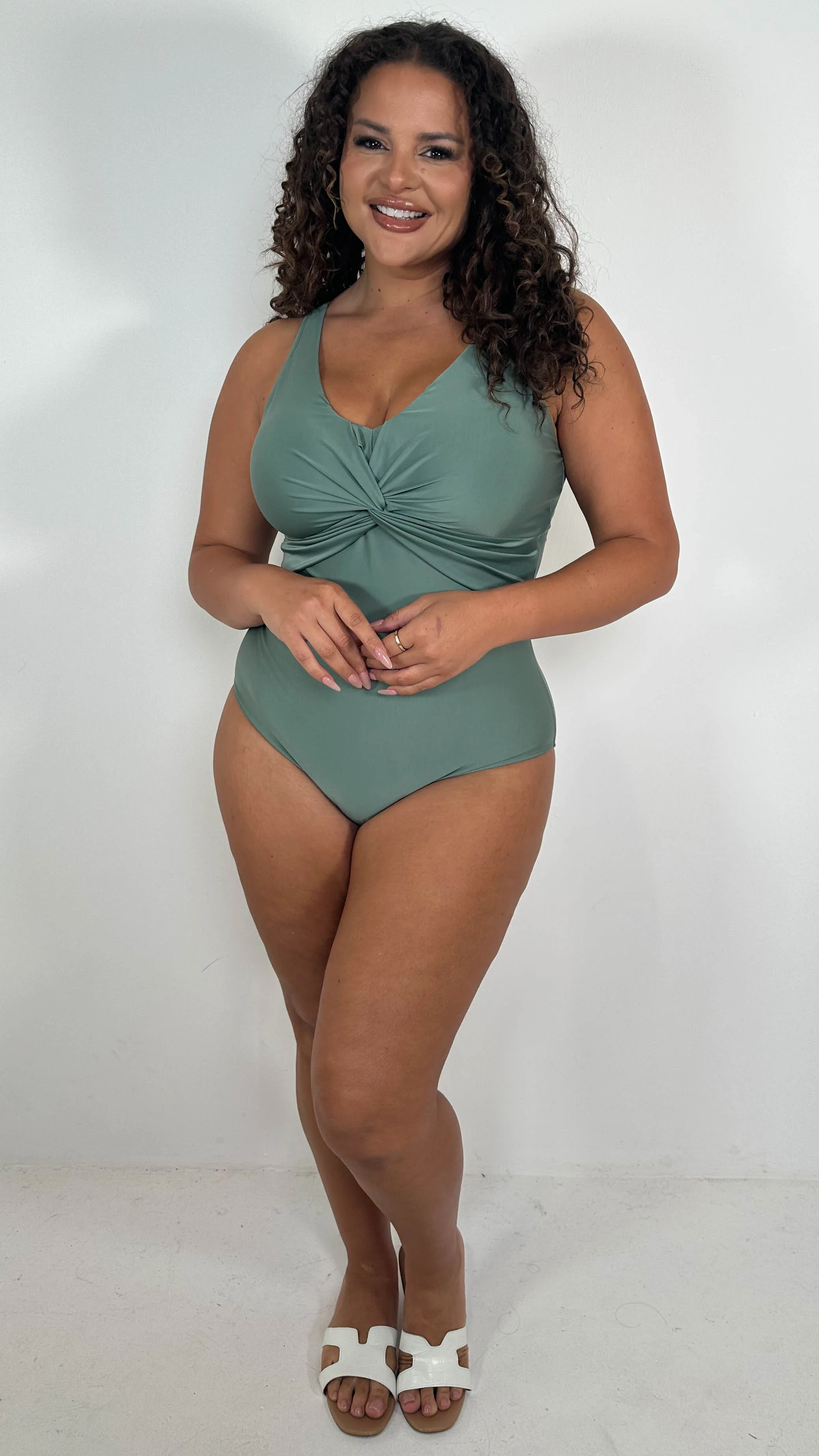 CurveWow Twist Front Textured Swimsuit Khaki - Image 5
