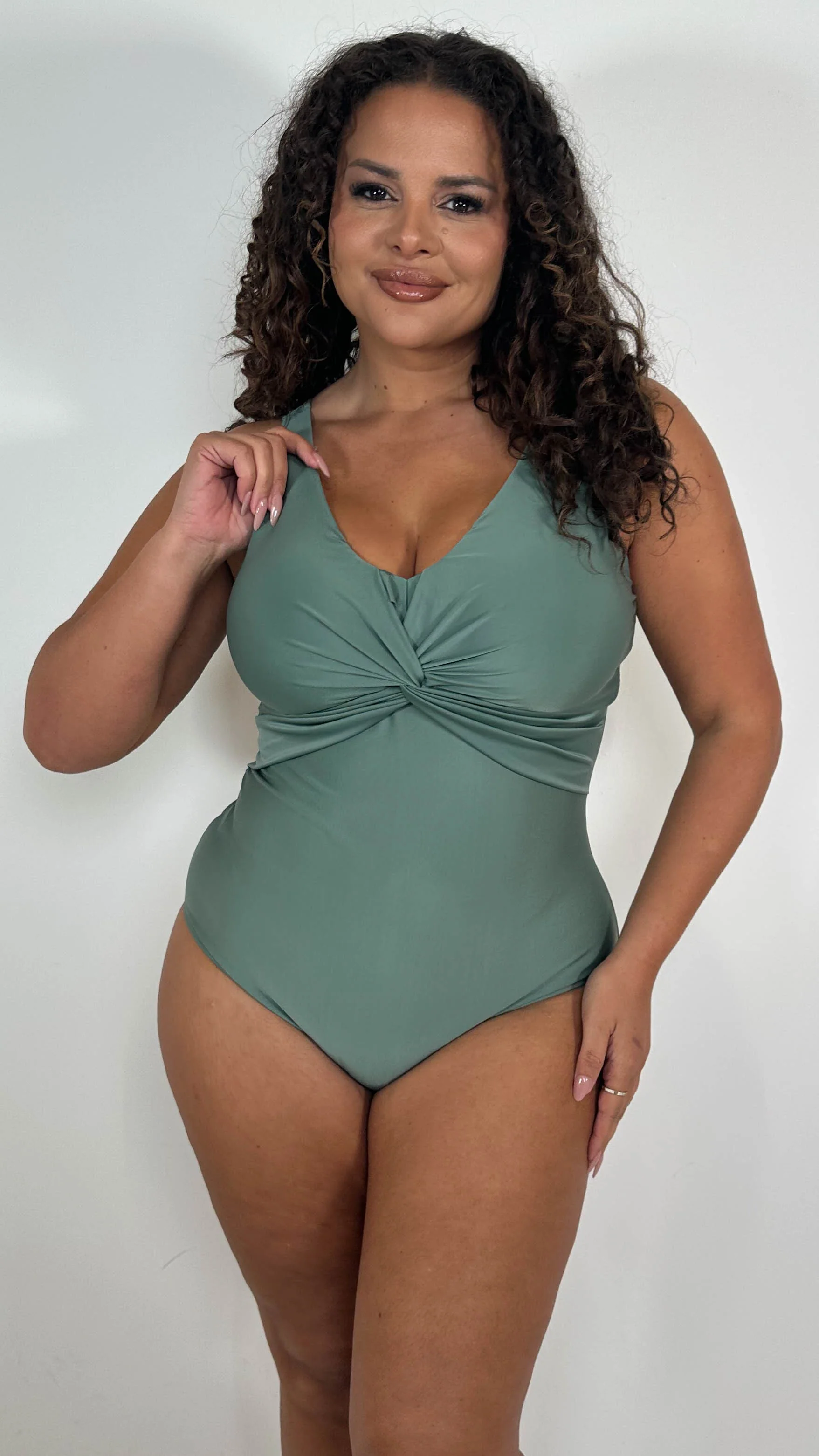 CurveWow Twist Front Textured Swimsuit Khaki - Image 6