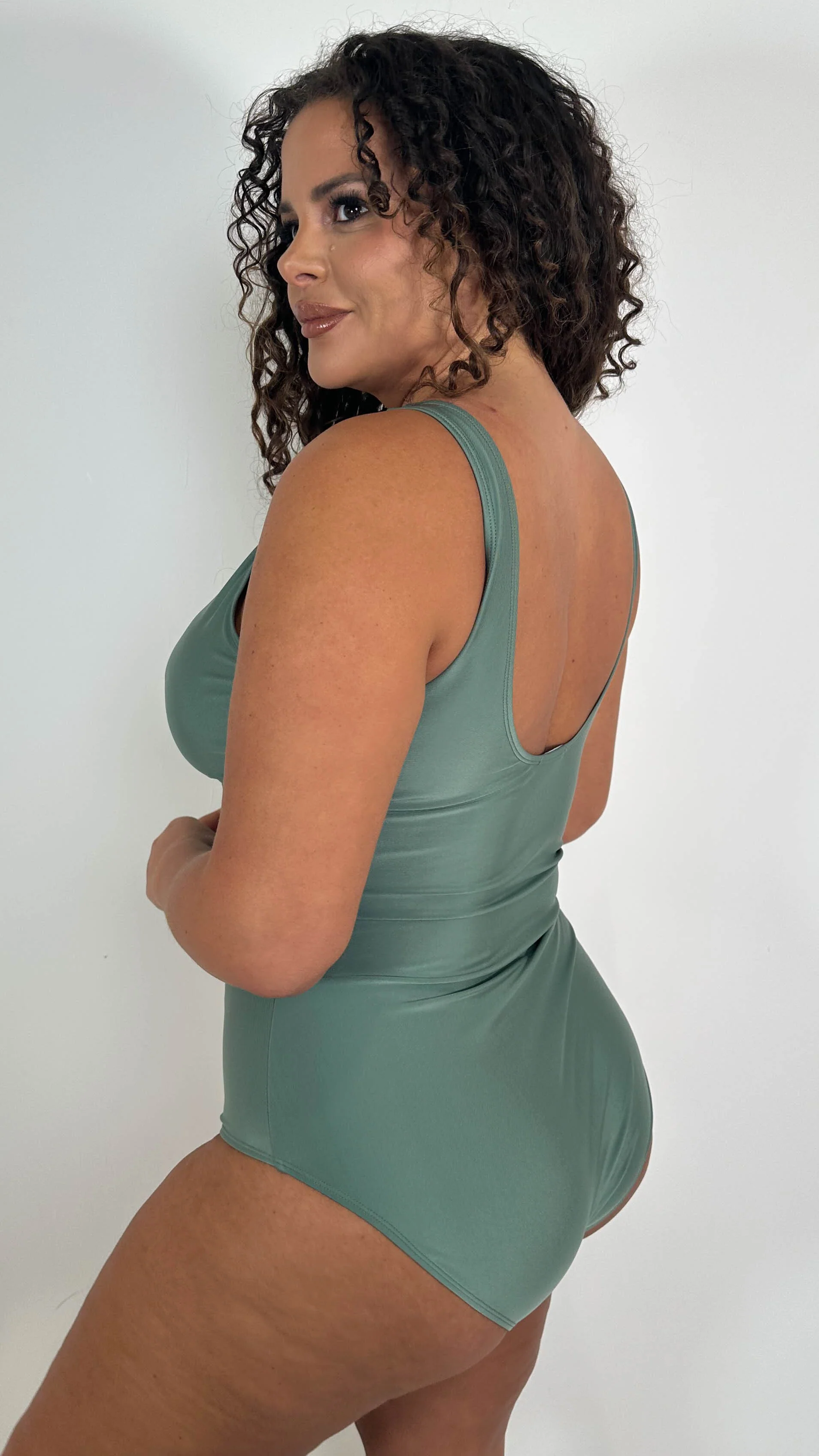 CurveWow Twist Front Textured Swimsuit Khaki - Image 7