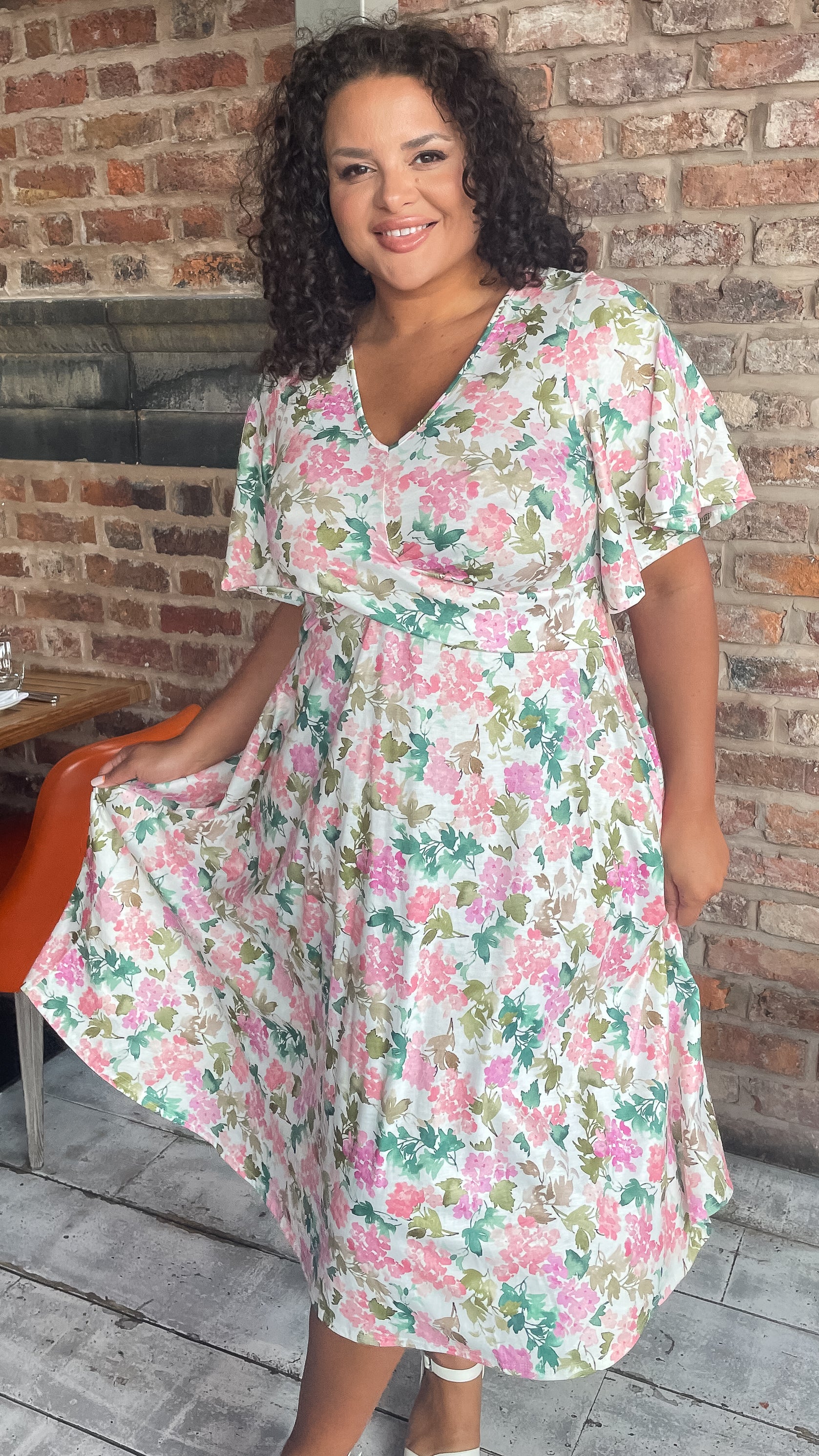 CurveWow Twist Waist Dress White Pink & Green Floral
