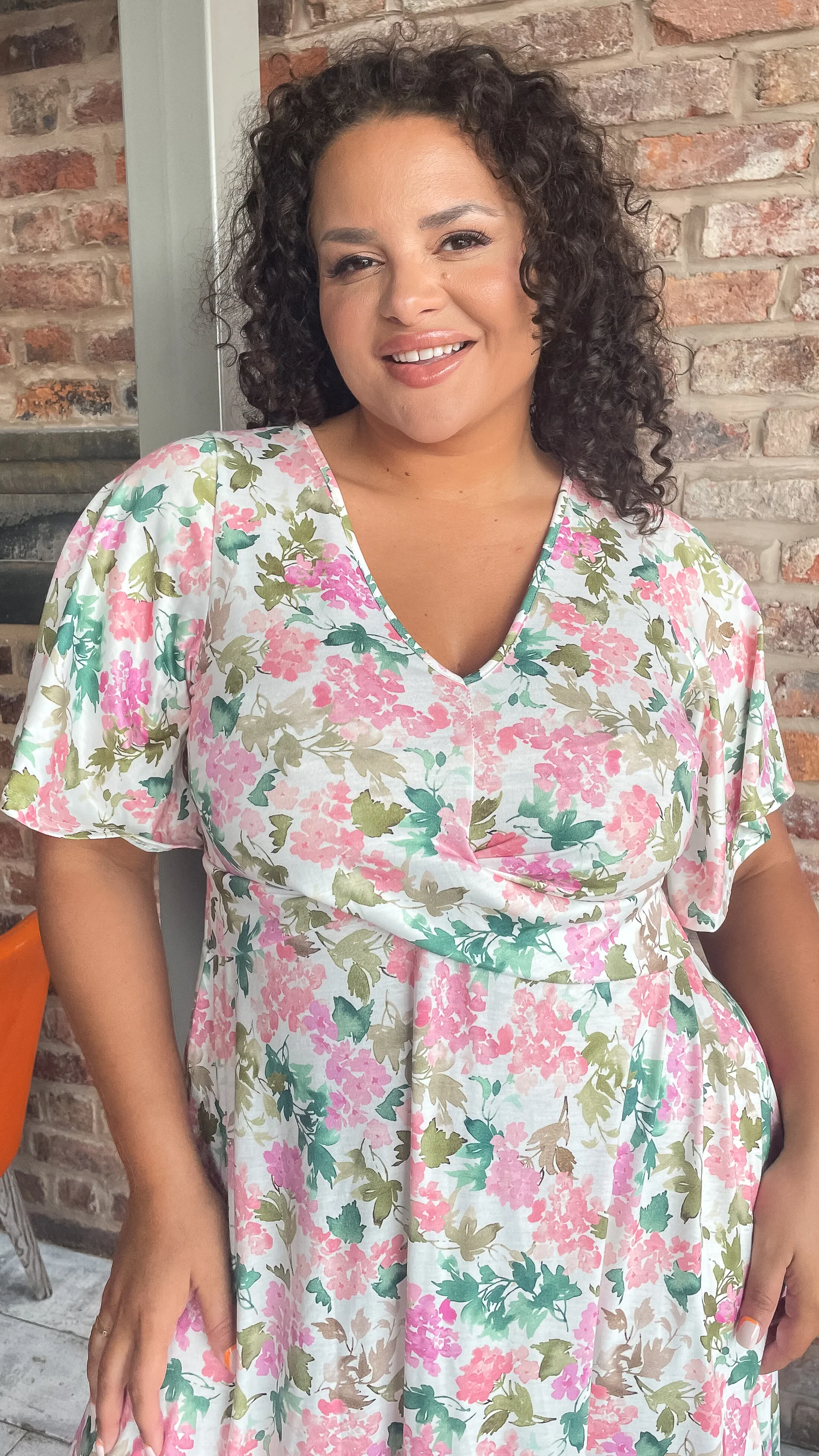 CurveWow Twist Waist Dress White Pink & Green Floral - Image 2