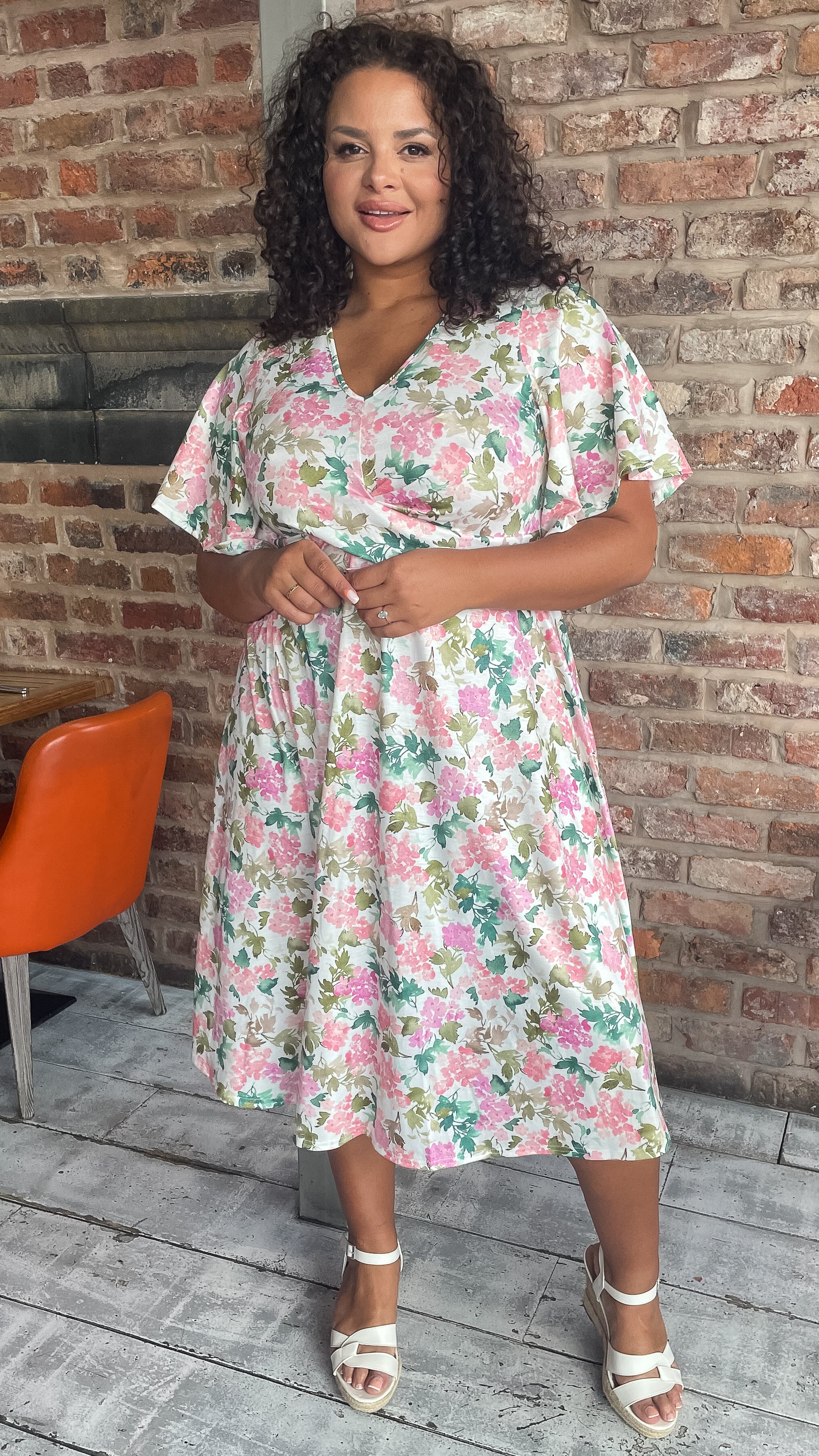 CurveWow Twist Waist Dress White Pink & Green Floral - Image 3