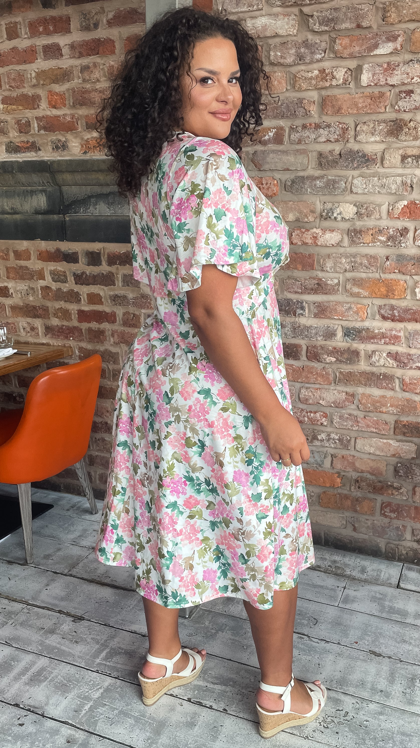 CurveWow Twist Waist Dress White Pink & Green Floral - Image 4