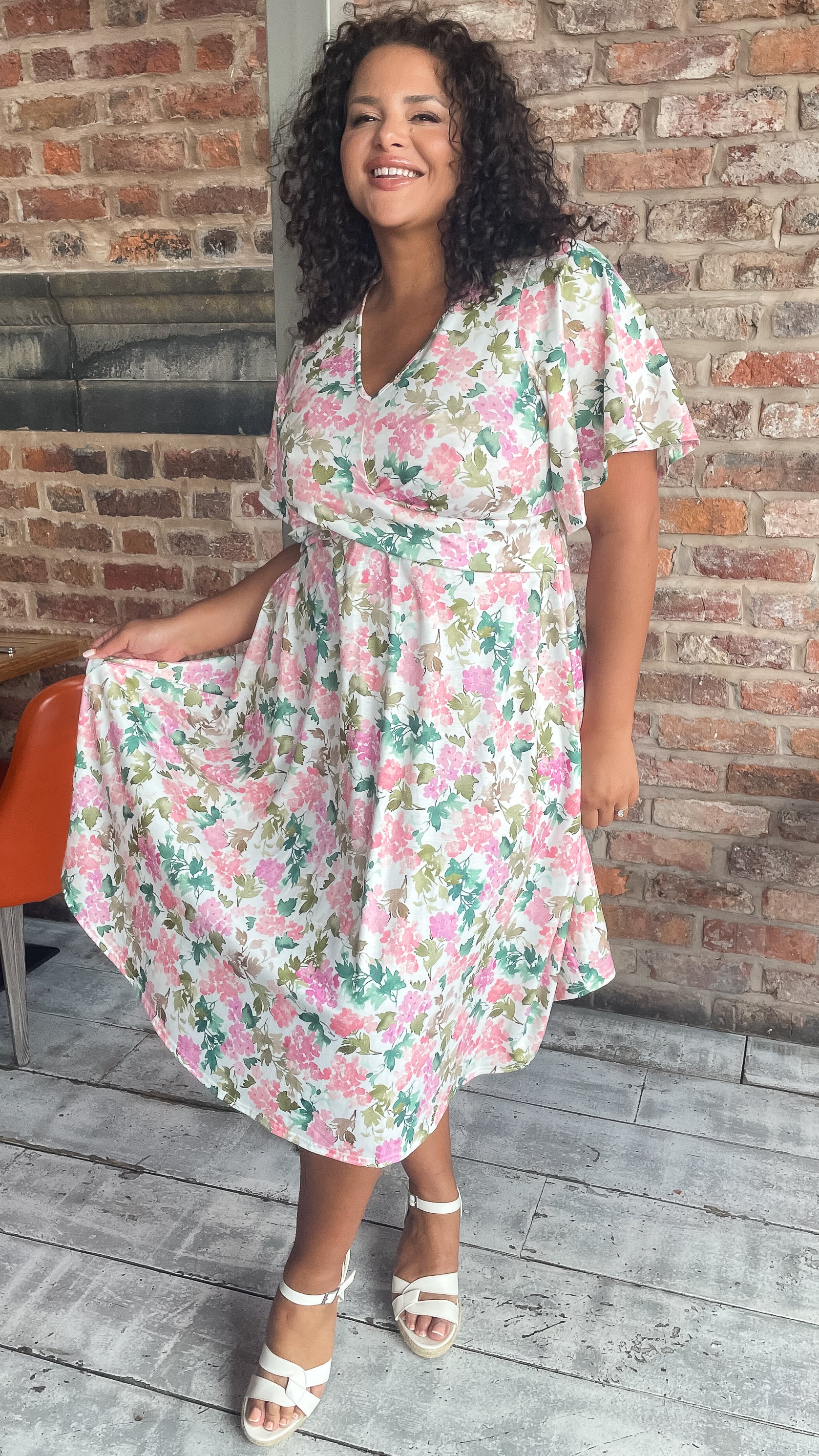 CurveWow Twist Waist Dress White Pink & Green Floral - Image 5
