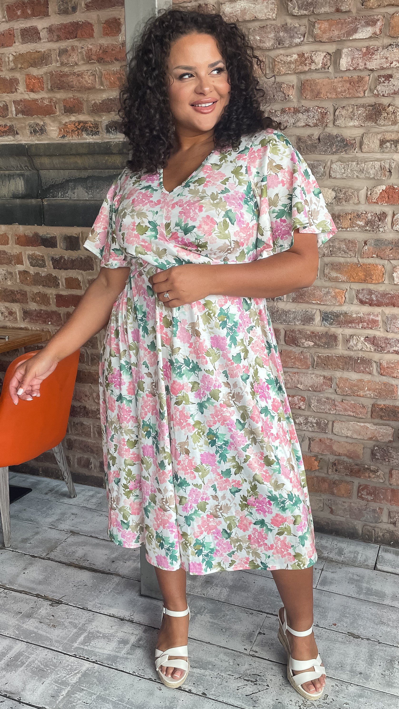 CurveWow Twist Waist Dress White Pink & Green Floral - Image 7