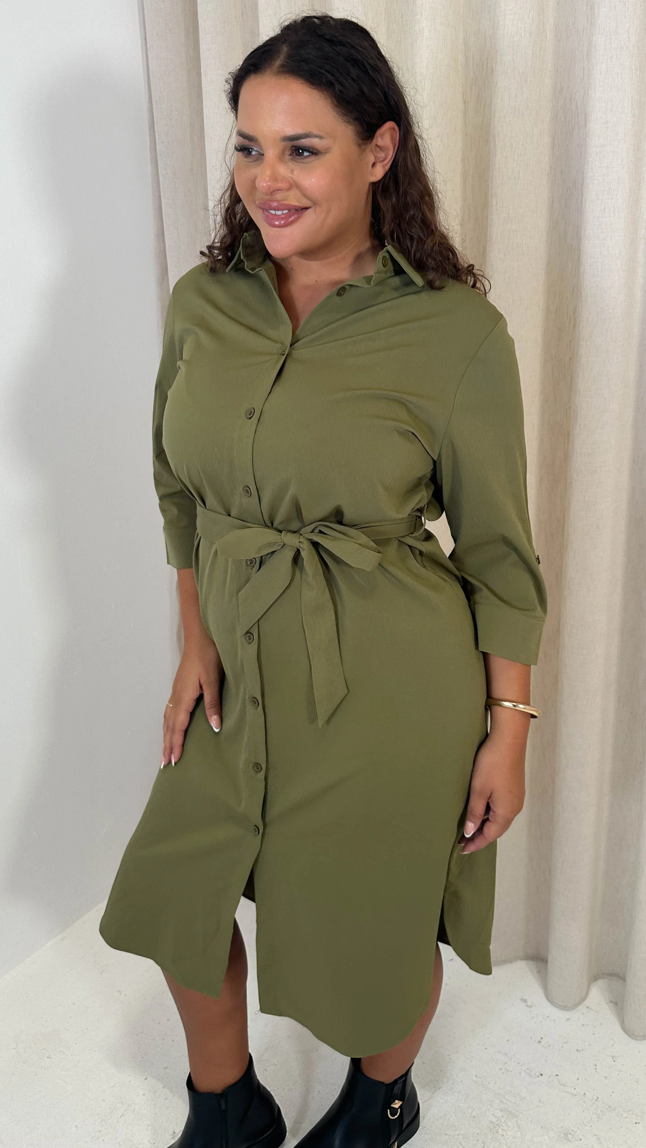 CurveWow Utility Shirt Dress Khaki - Image 3