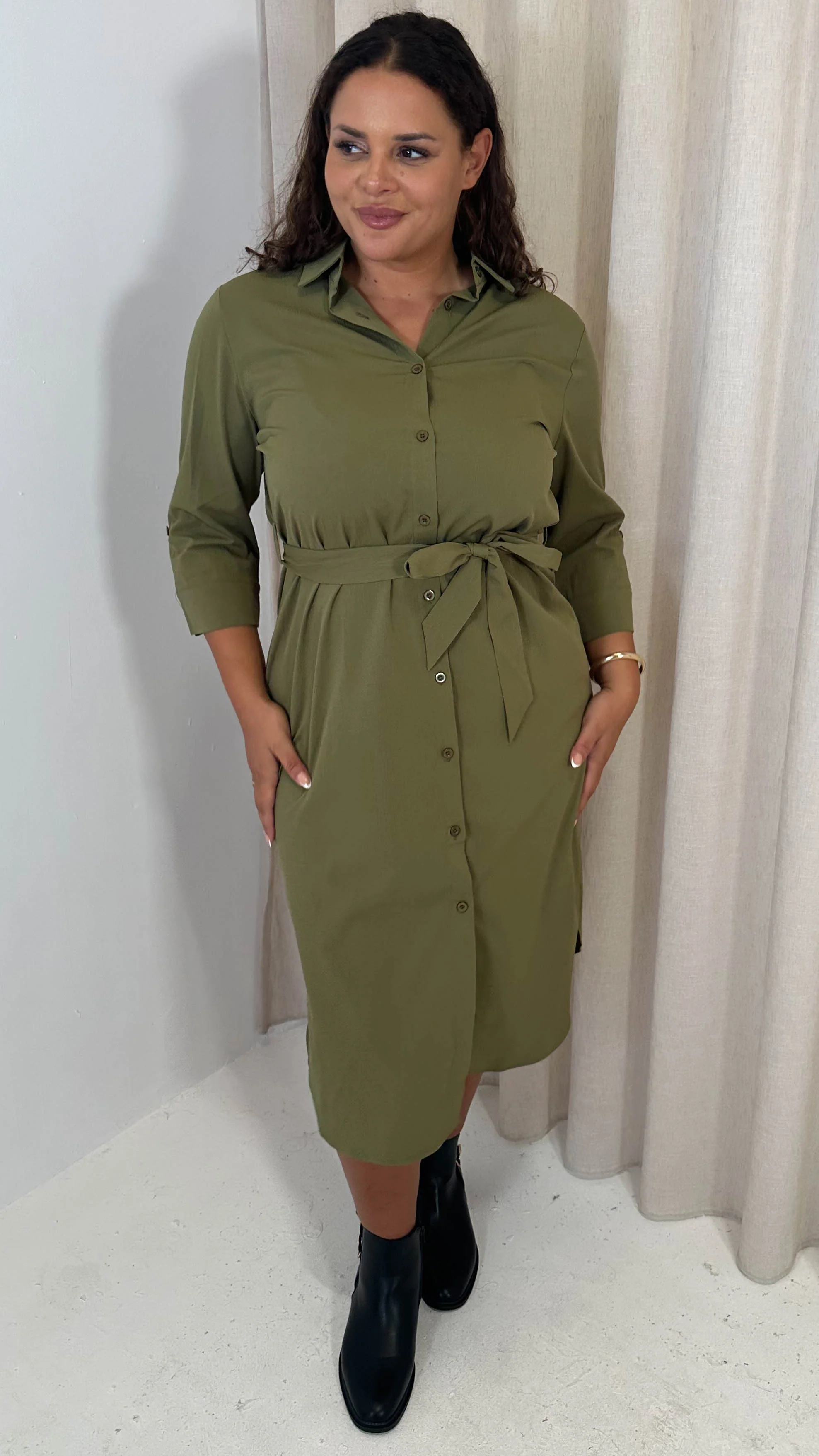 CurveWow Utility Shirt Dress Khaki - Image 4
