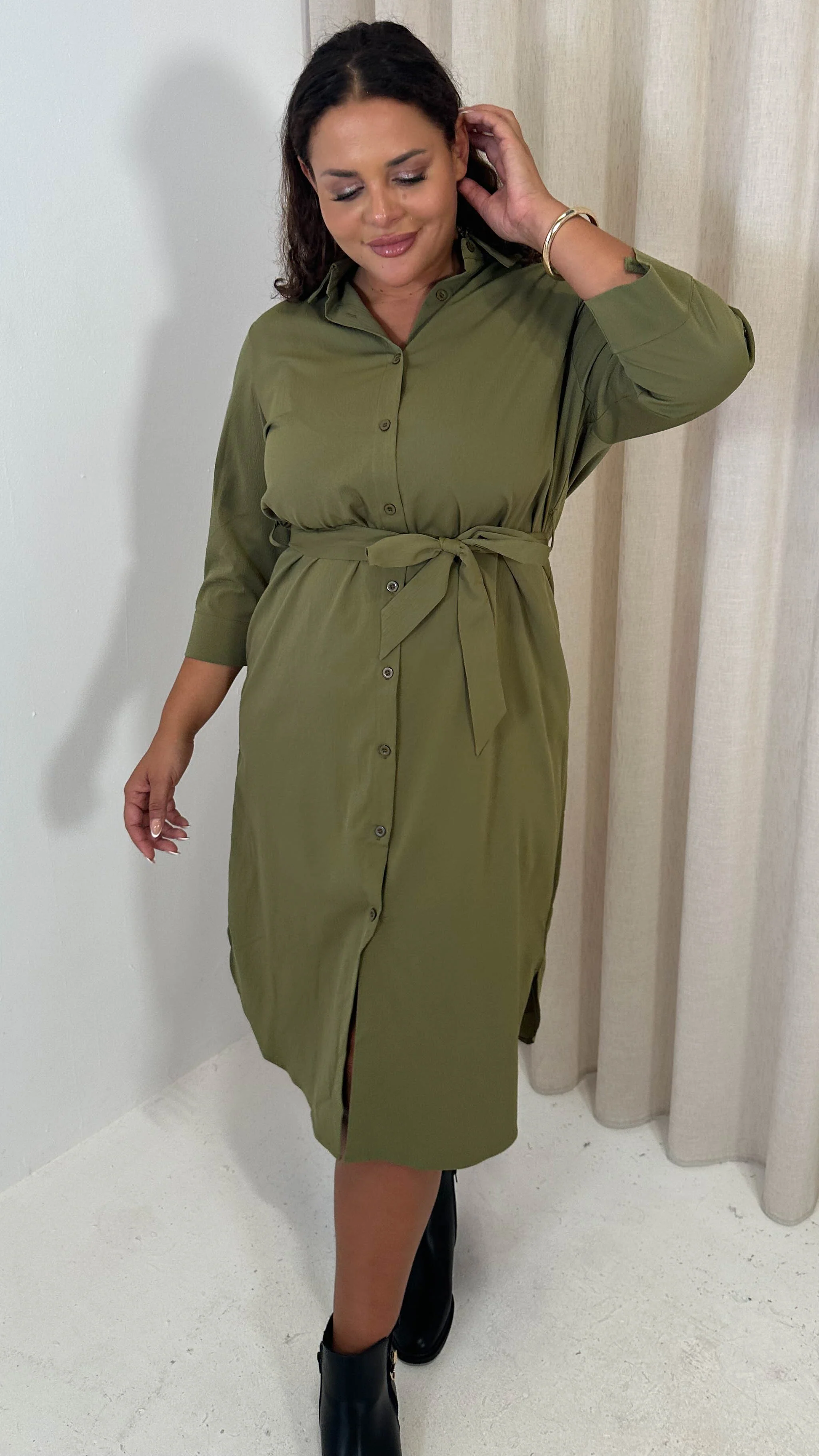 CurveWow Utility Shirt Dress Khaki - Image 5