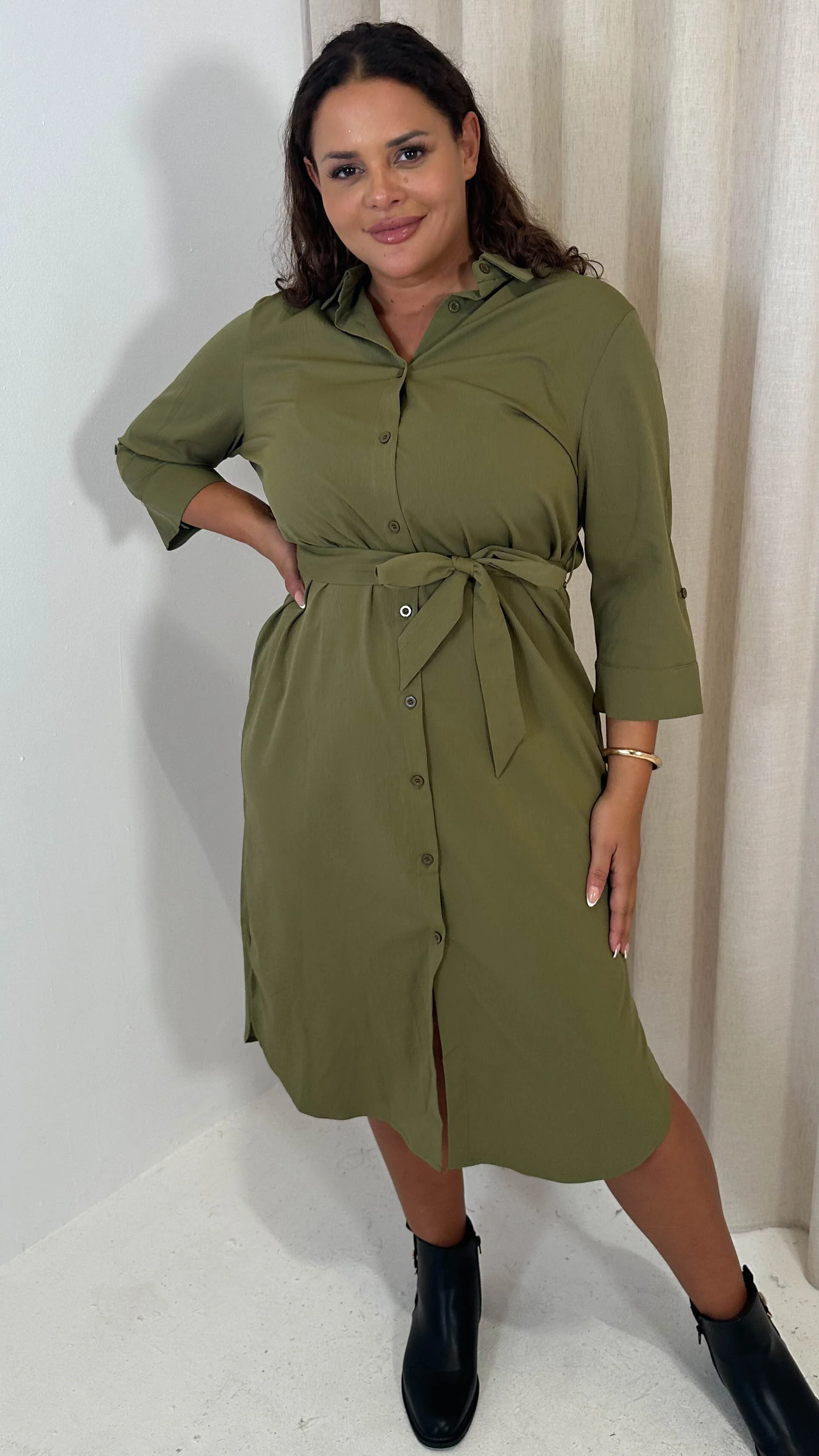 CurveWow Utility Shirt Dress Khaki - Image 7