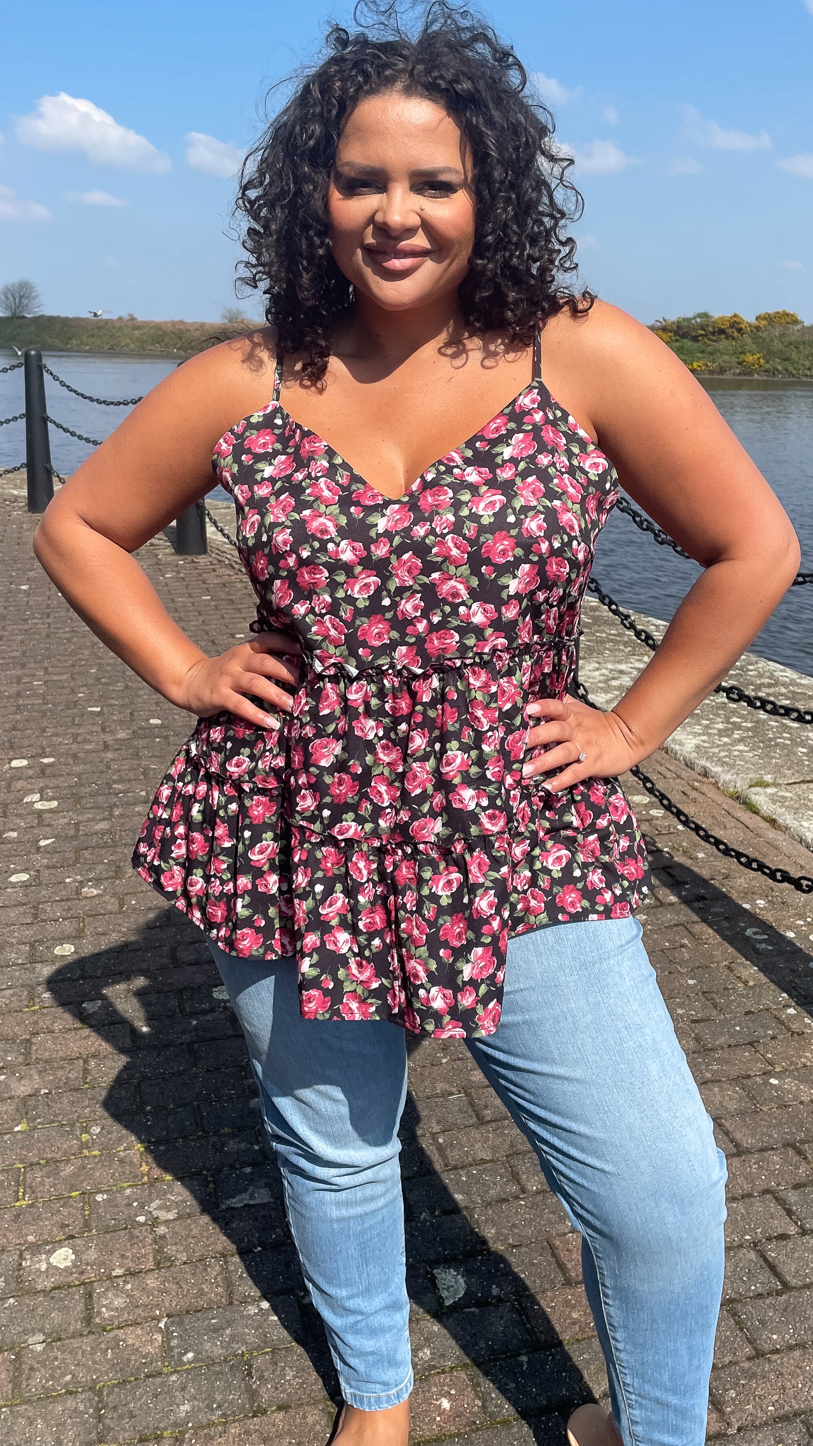 CurveWow V-Neck Cami Top Black & Pink Floral - Image 5