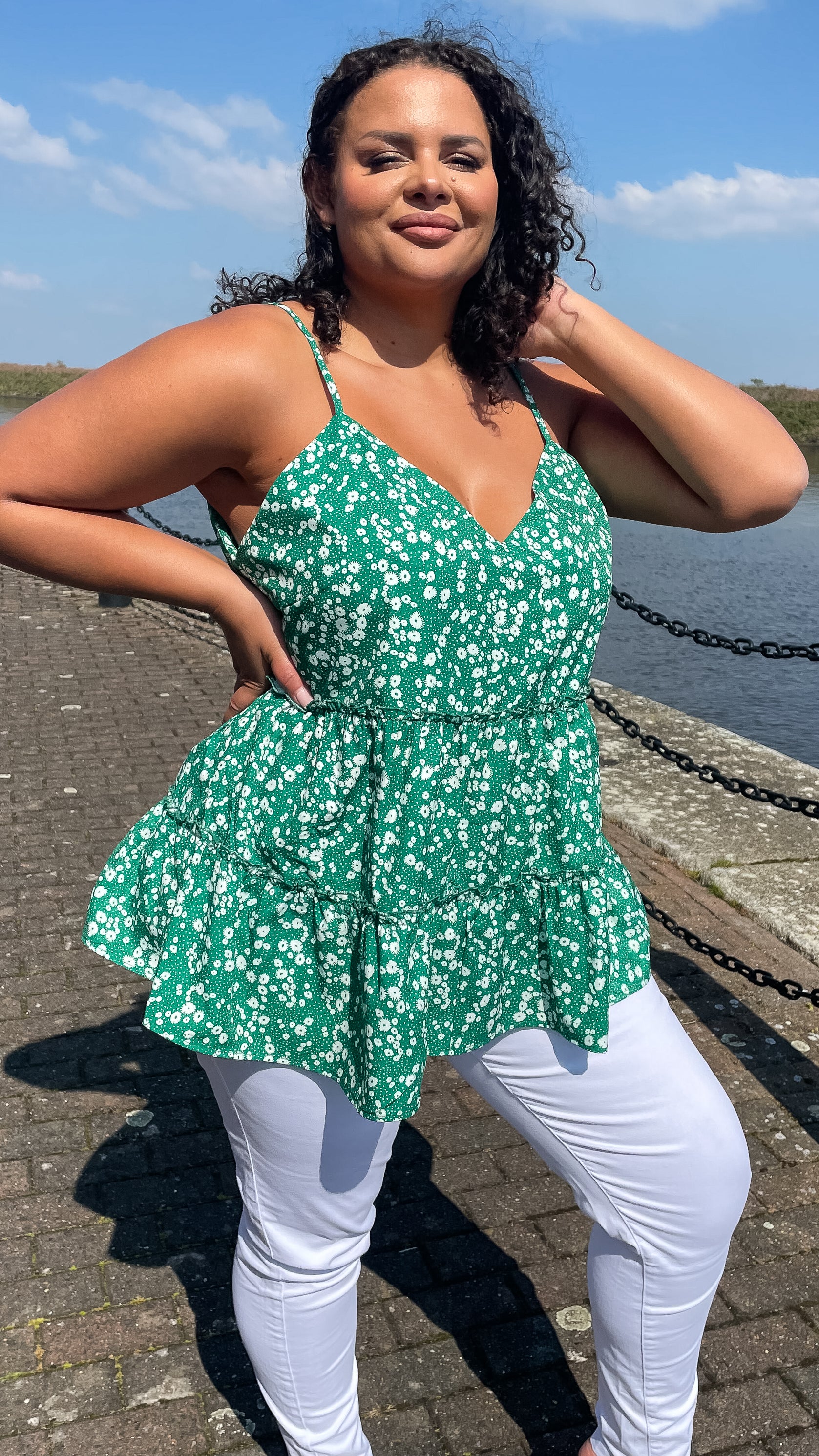 CurveWow V-neck Cami Top Green Floral - Image 5