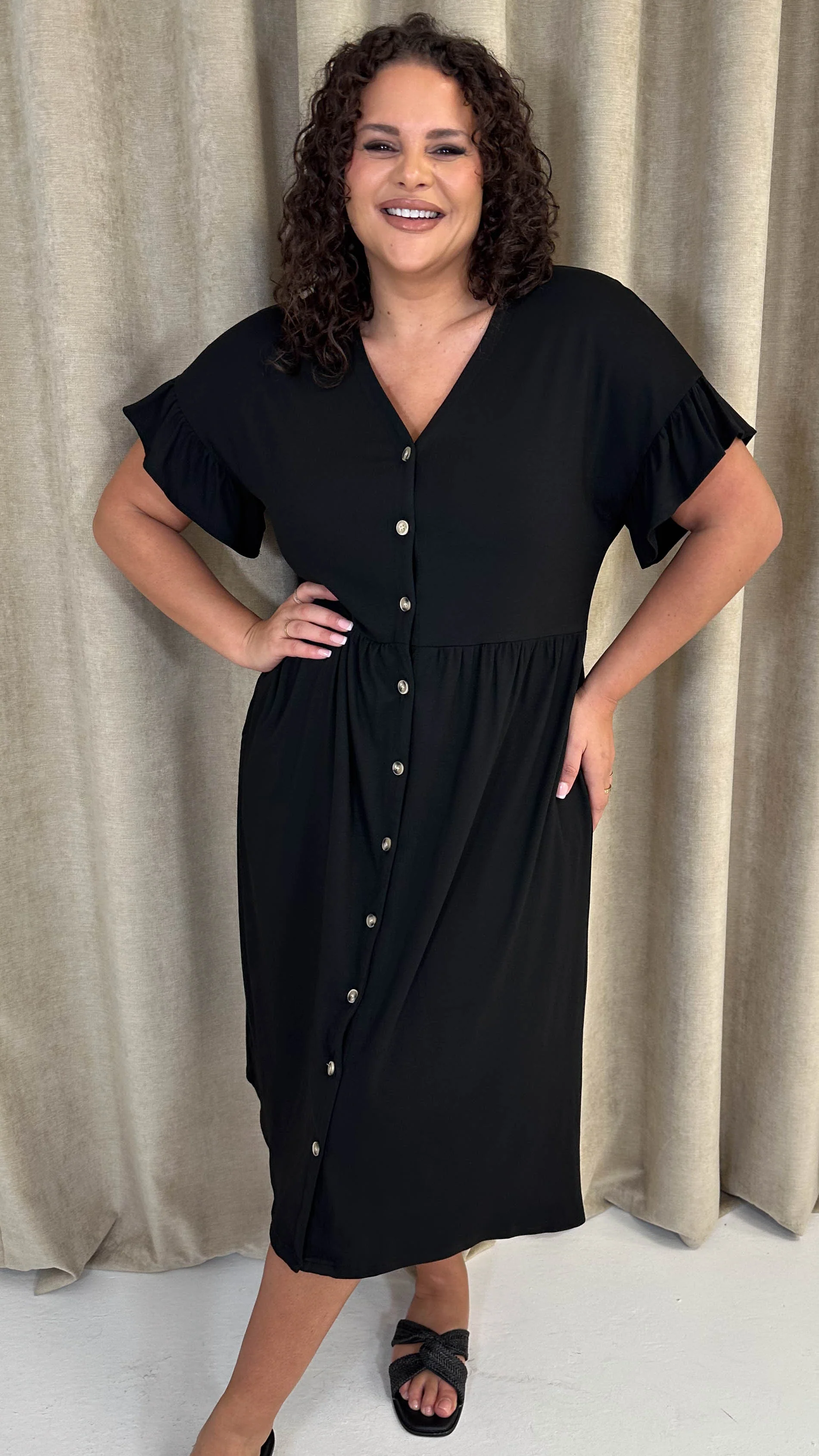 CurveWow Frill Sleeve Button Front Dress Black - Image 5