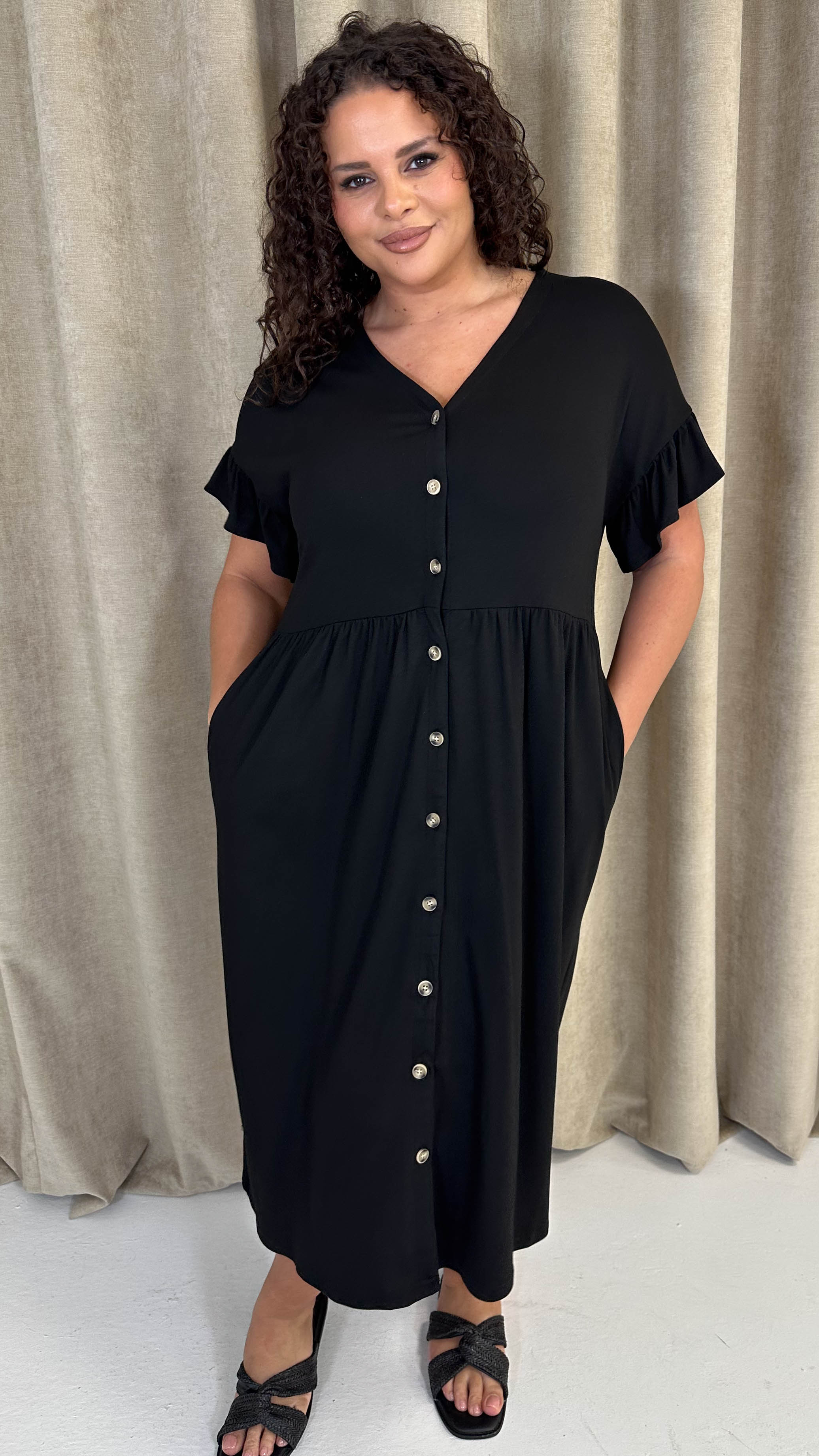 CurveWow Frill Sleeve Button Front Dress Black - Image 7